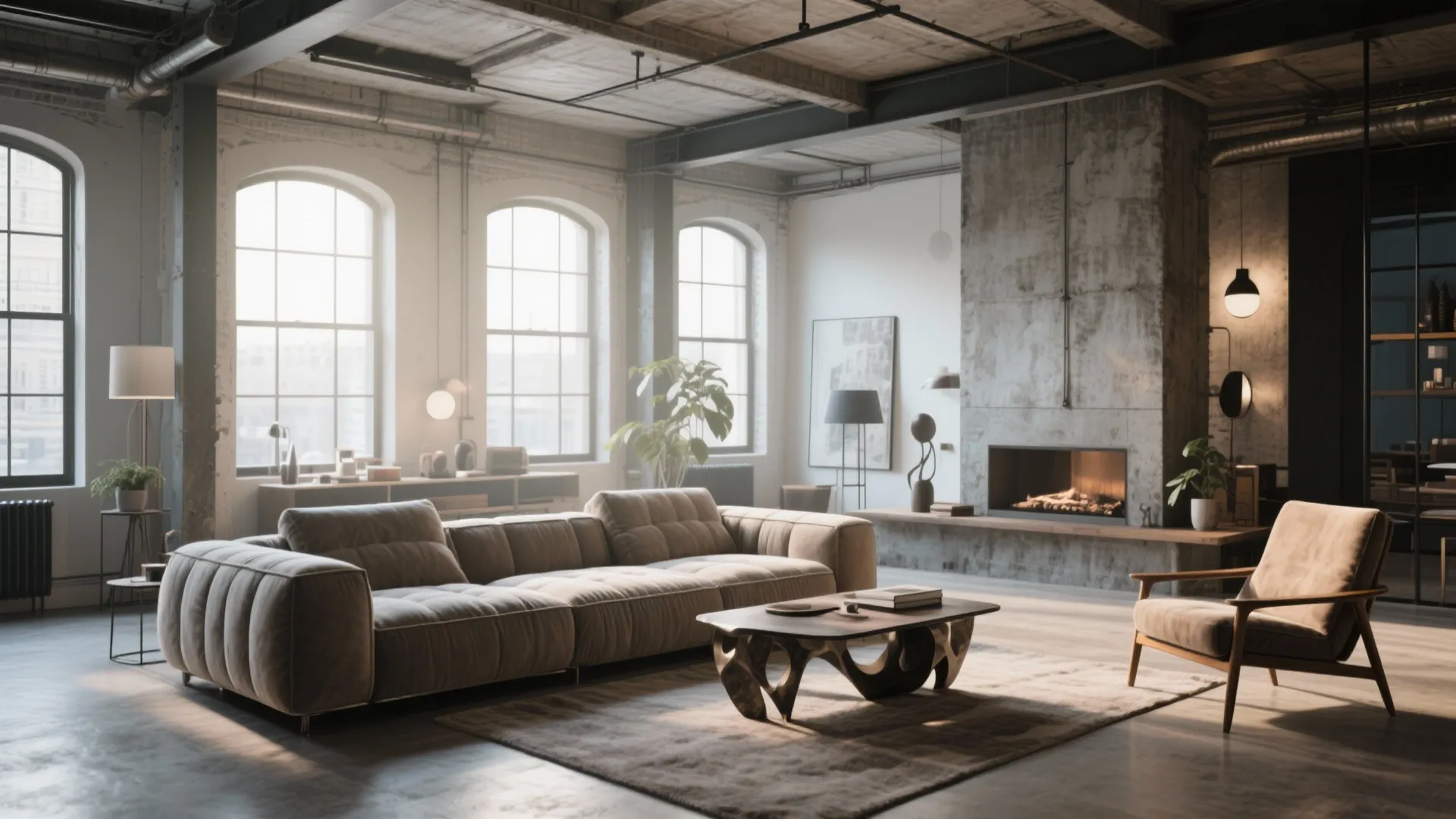 Industrial living room with large grey sofa, concrete wall, fireplace, big windows, and wood table