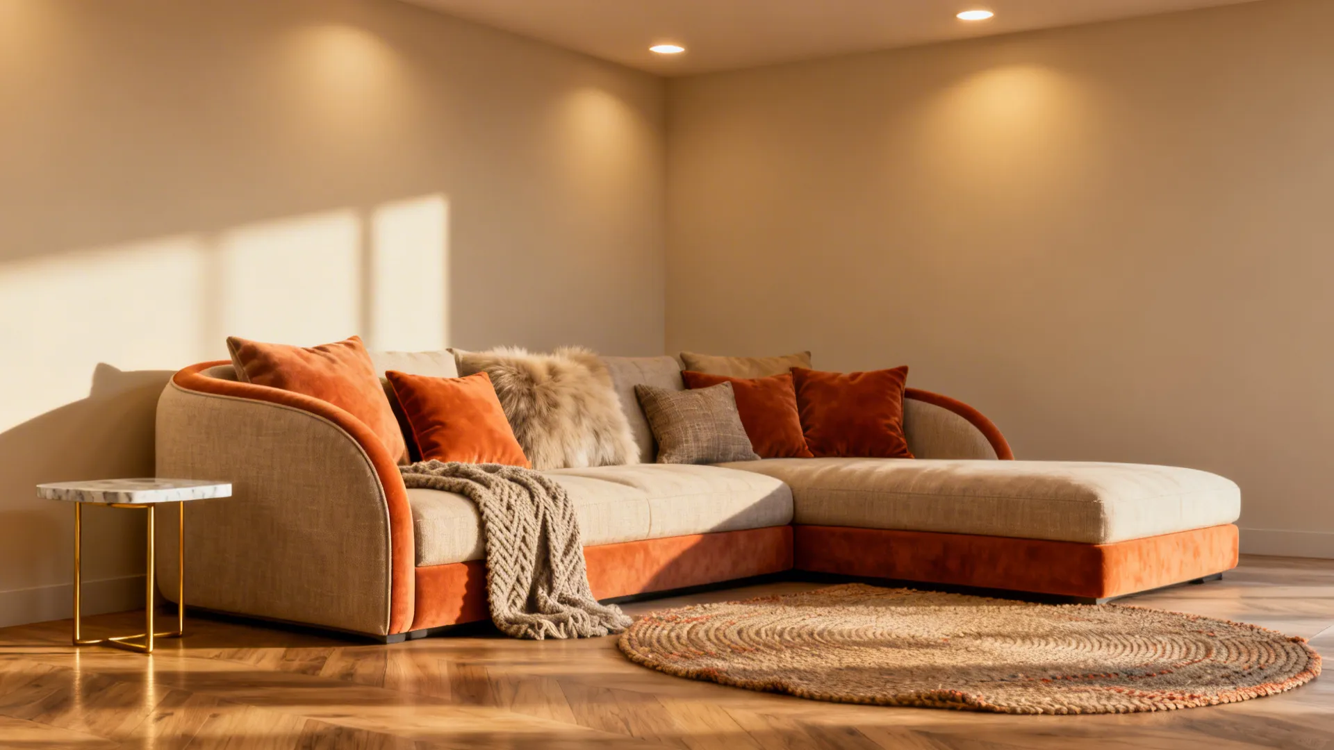 Small living room with a chaise-style sectional preserving a clear walkway