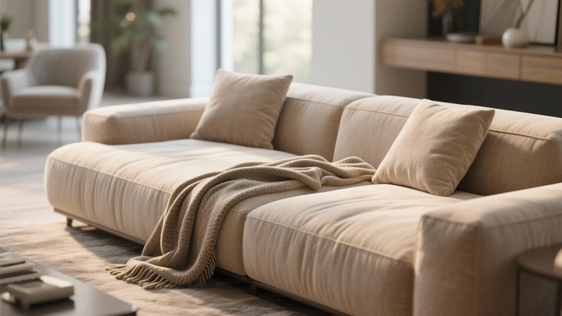 Close-up of a chaise section with soft fabric and a throw blanket