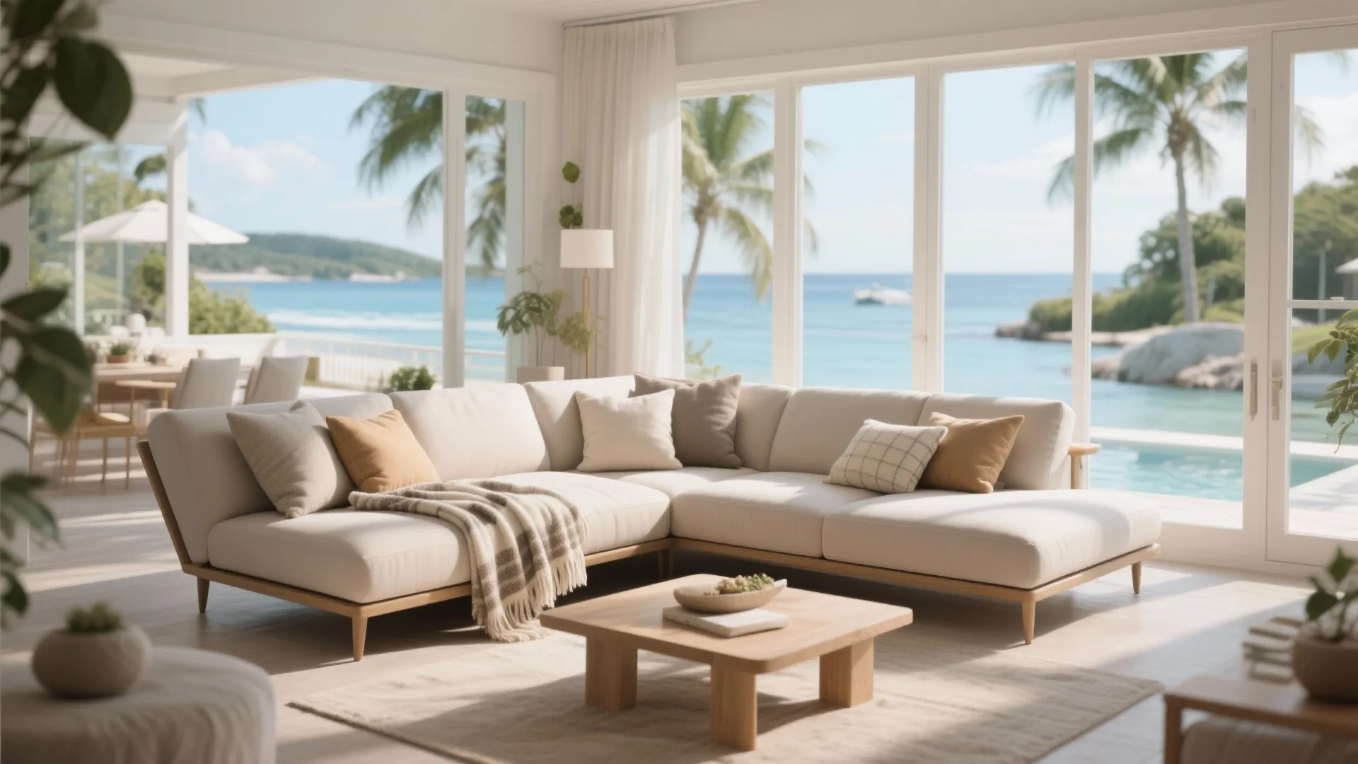 Chaise sectional sofa in a bright vacation home living room