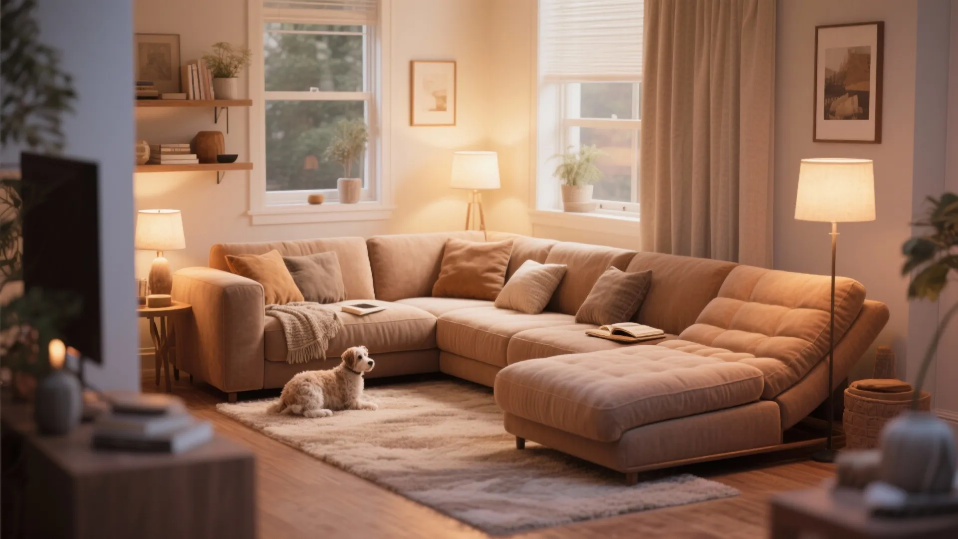 Cozy living room with large brown sofa small dog on rug floor lamps and windows