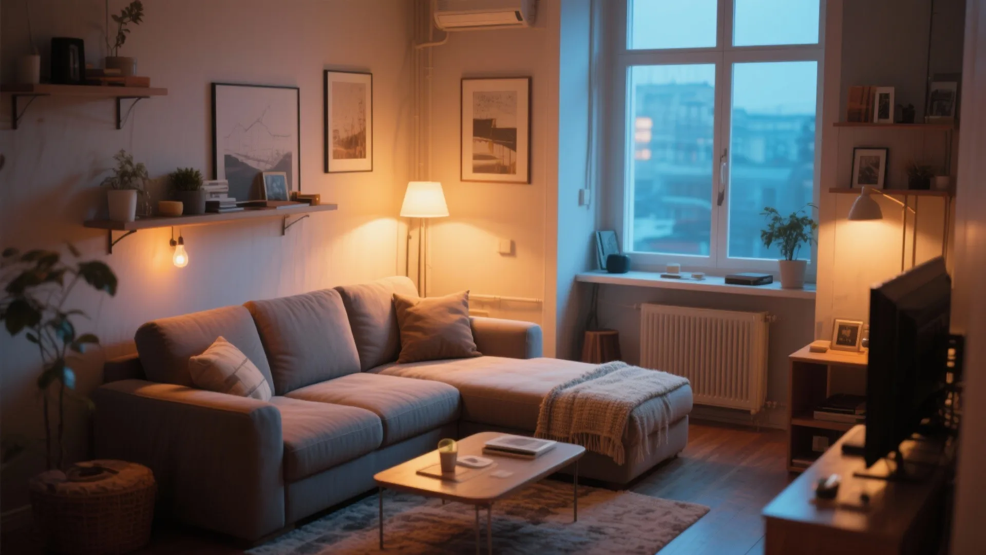 Cozy studio apartment living room with grey sofa warm floor lamp and large bright window