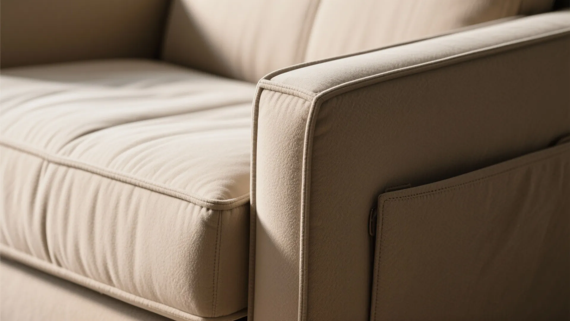 Close-up of slim arm and elongated cushion on a narrow chaise recliner with side pocket.