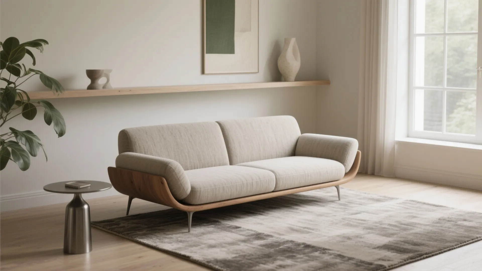 Minimalist living room with beige sofa curved wooden base grey rug side table and plant