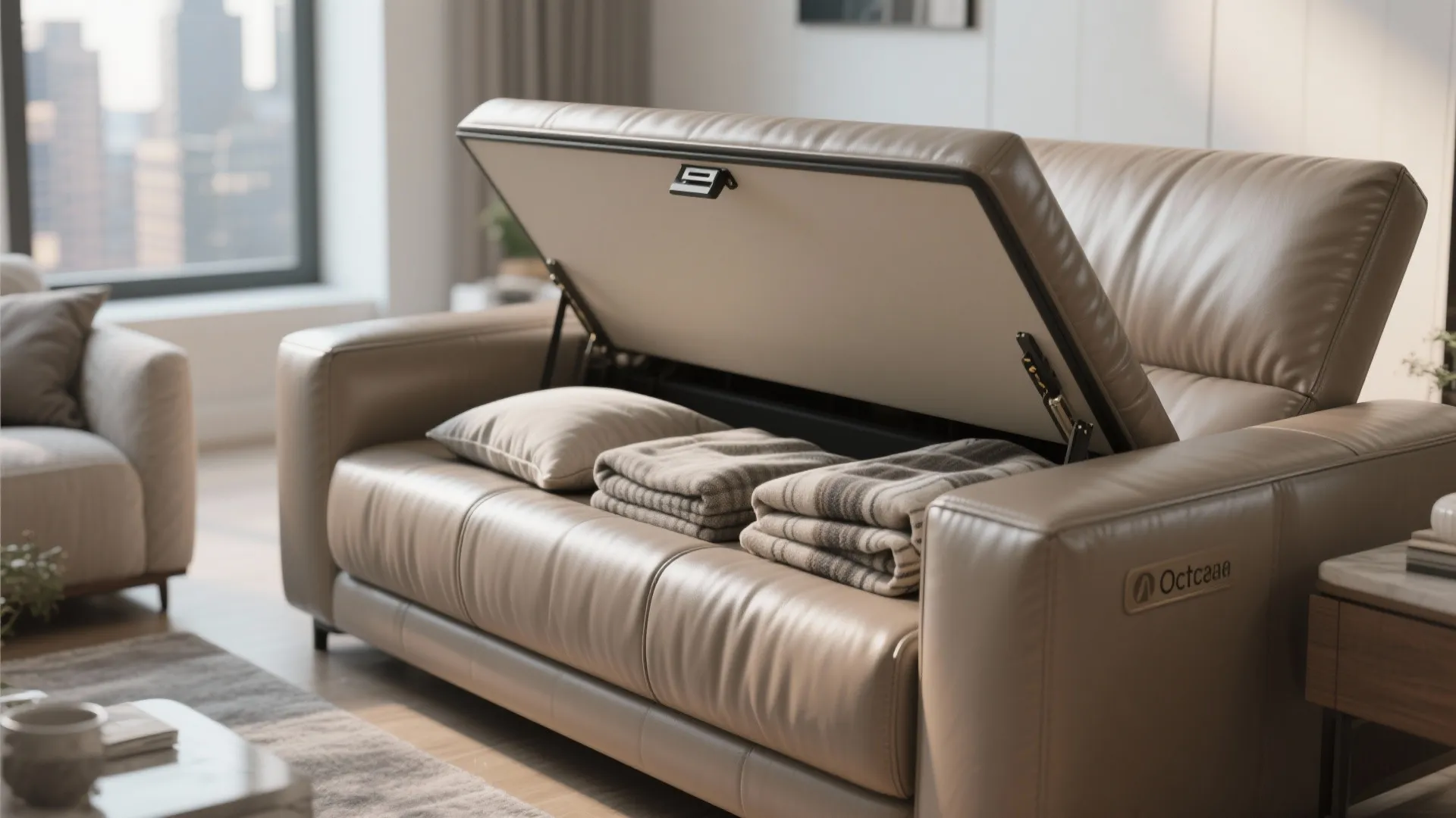Modern tan leather sofa with open seat cushion revealing hidden storage space for pillows and blankets