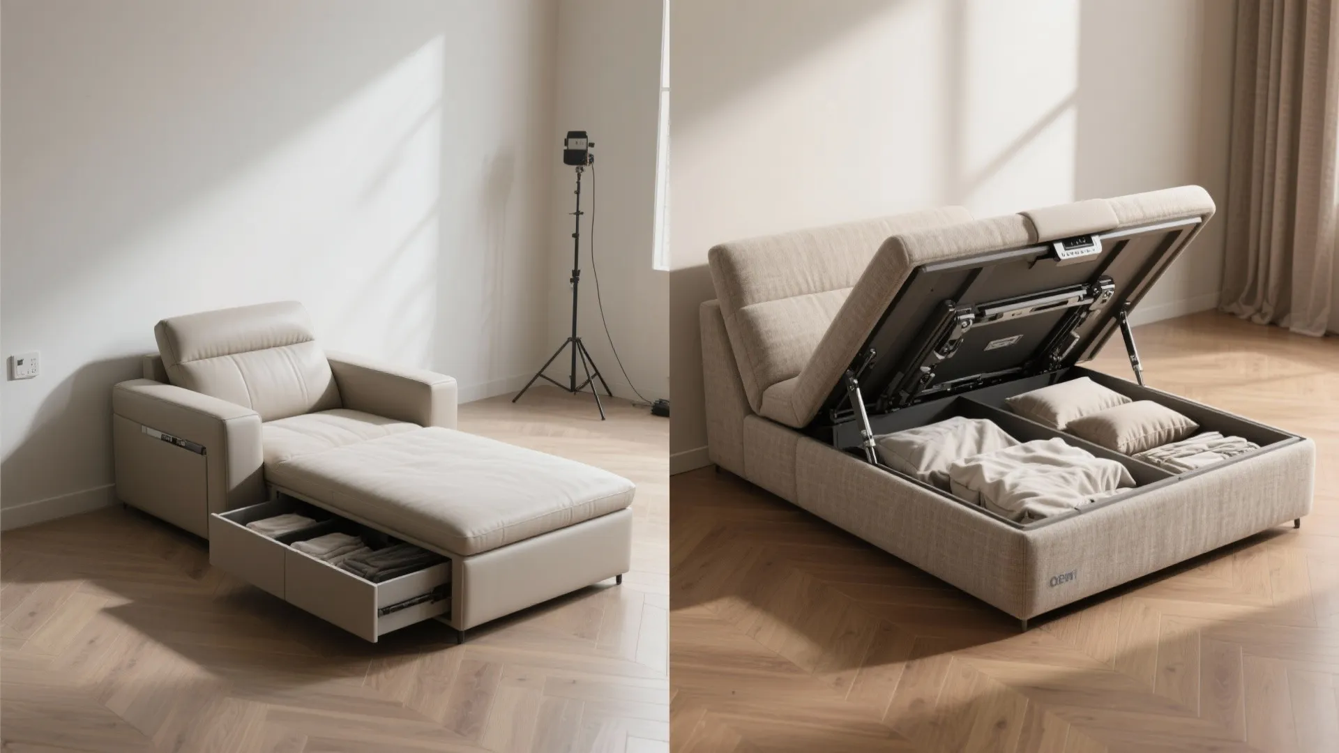 Beige sofa with open storage drawer and lifted seat showing organized pillows and folded clothes inside