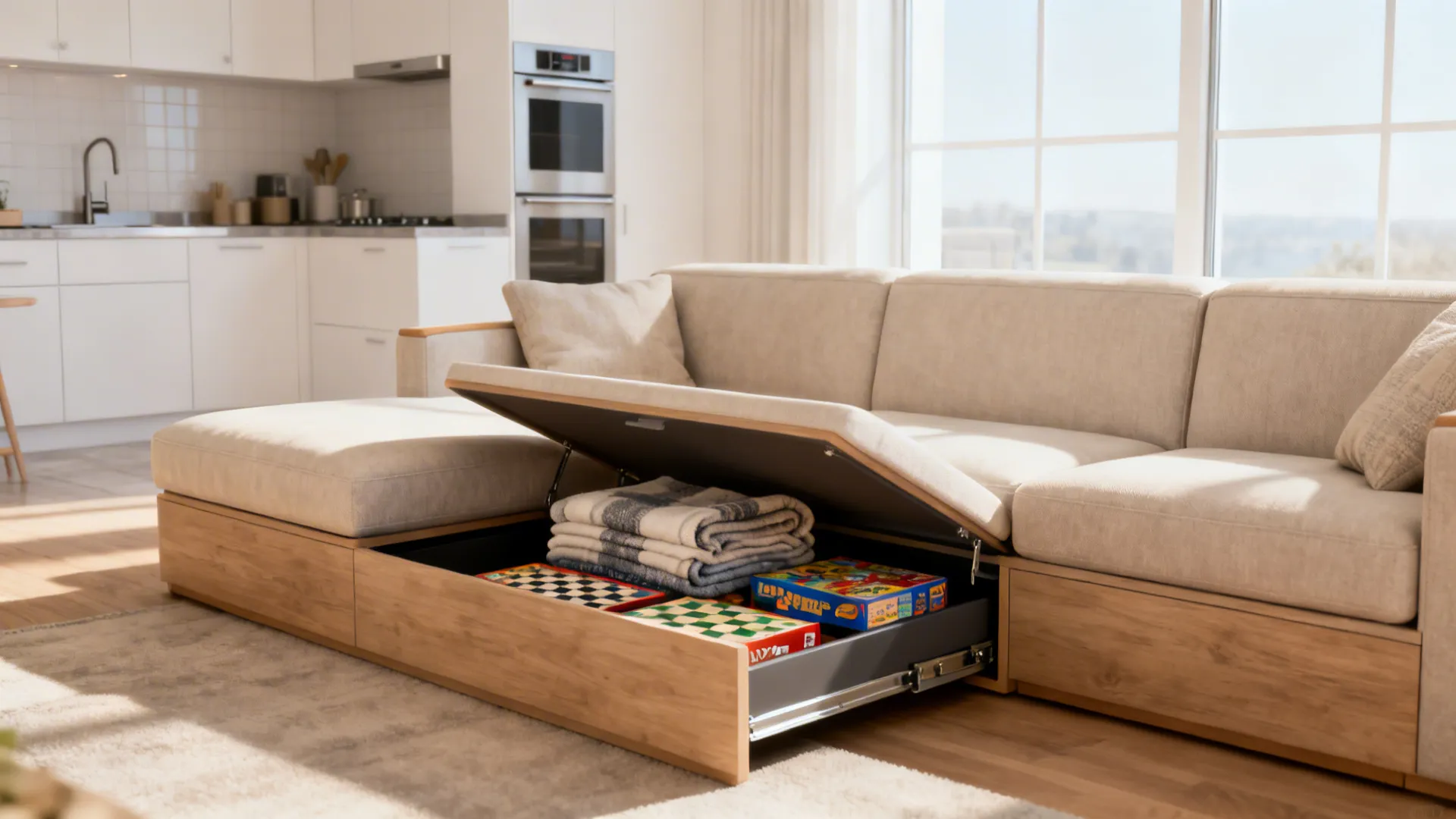 Sectional with a storage chaise opened to show blankets and games in a compact kitchen-living area.
