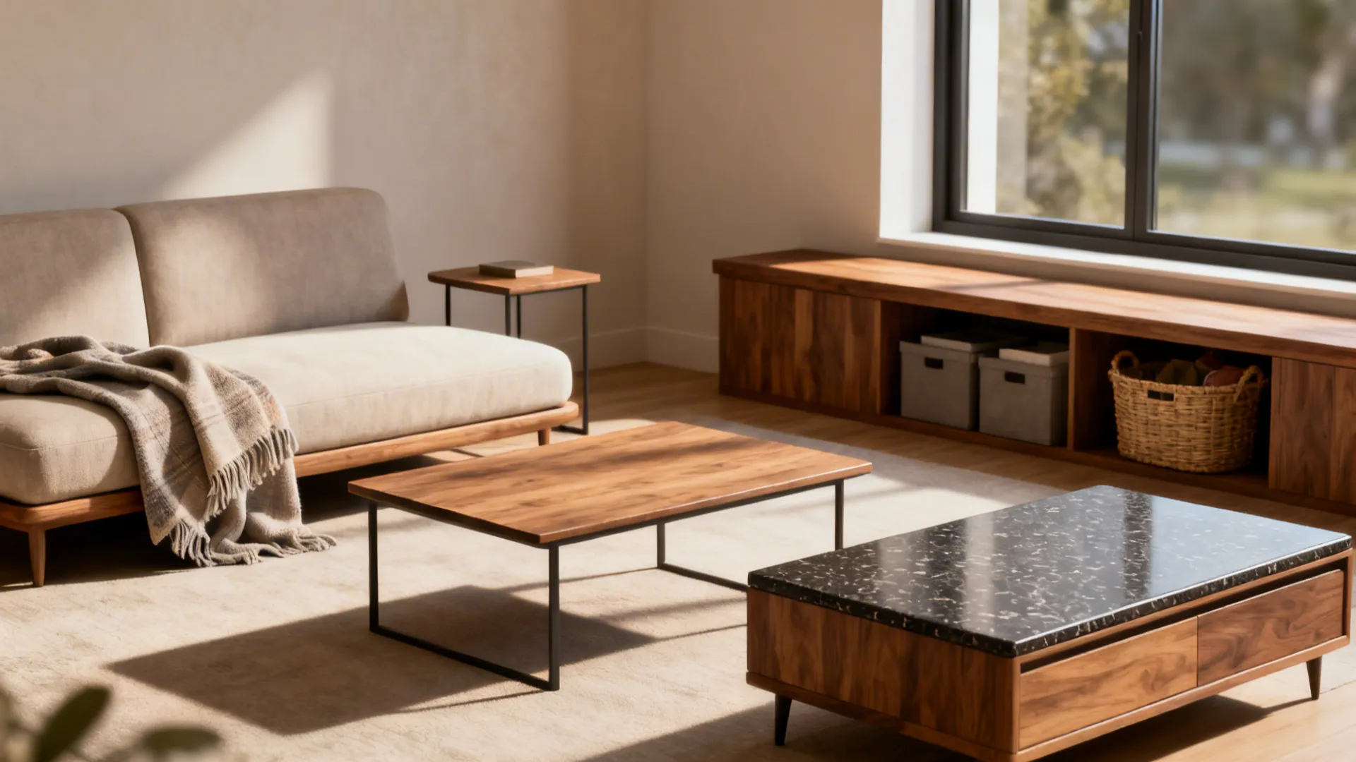 4. Sofa + Chaise + Side Table + Coffee Table + Storage Bench