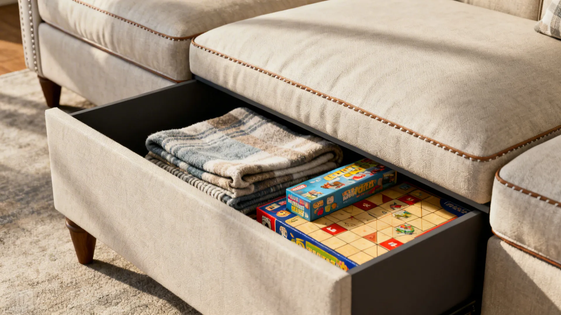 Close-up of a chaise sectional with storage open, showing blankets stored inside.
