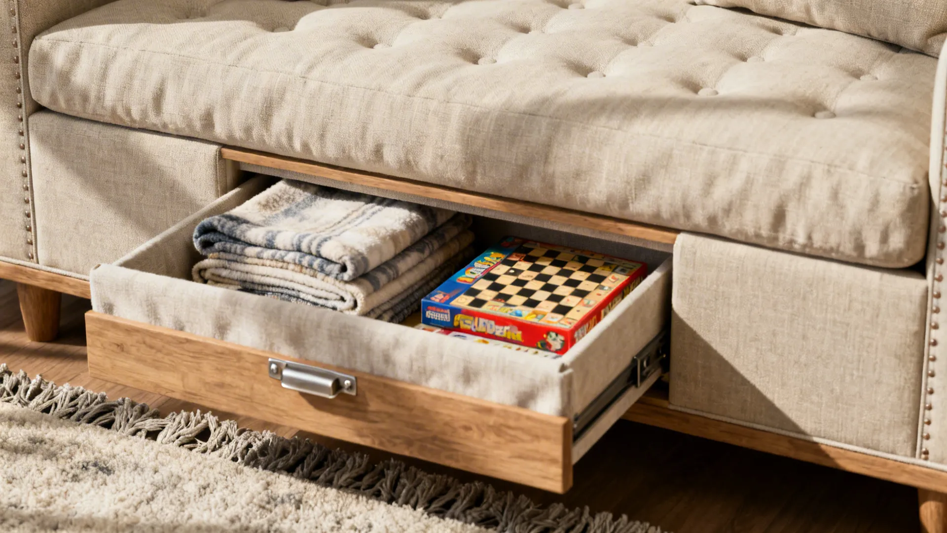 Close-up of chaise with built-in storage drawer holding blankets and games.