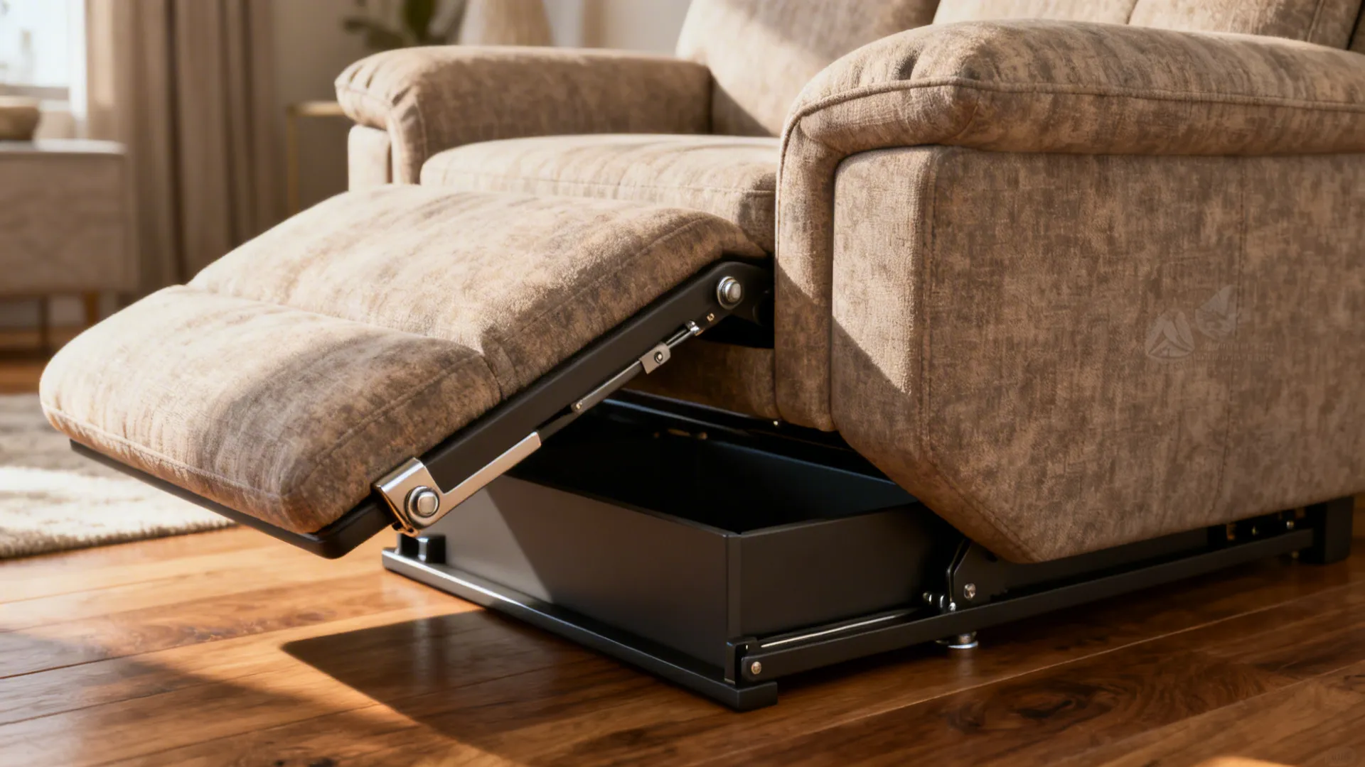 Brown fabric sofa showing extended footrest with black storage compartment underneath on the wooden floor