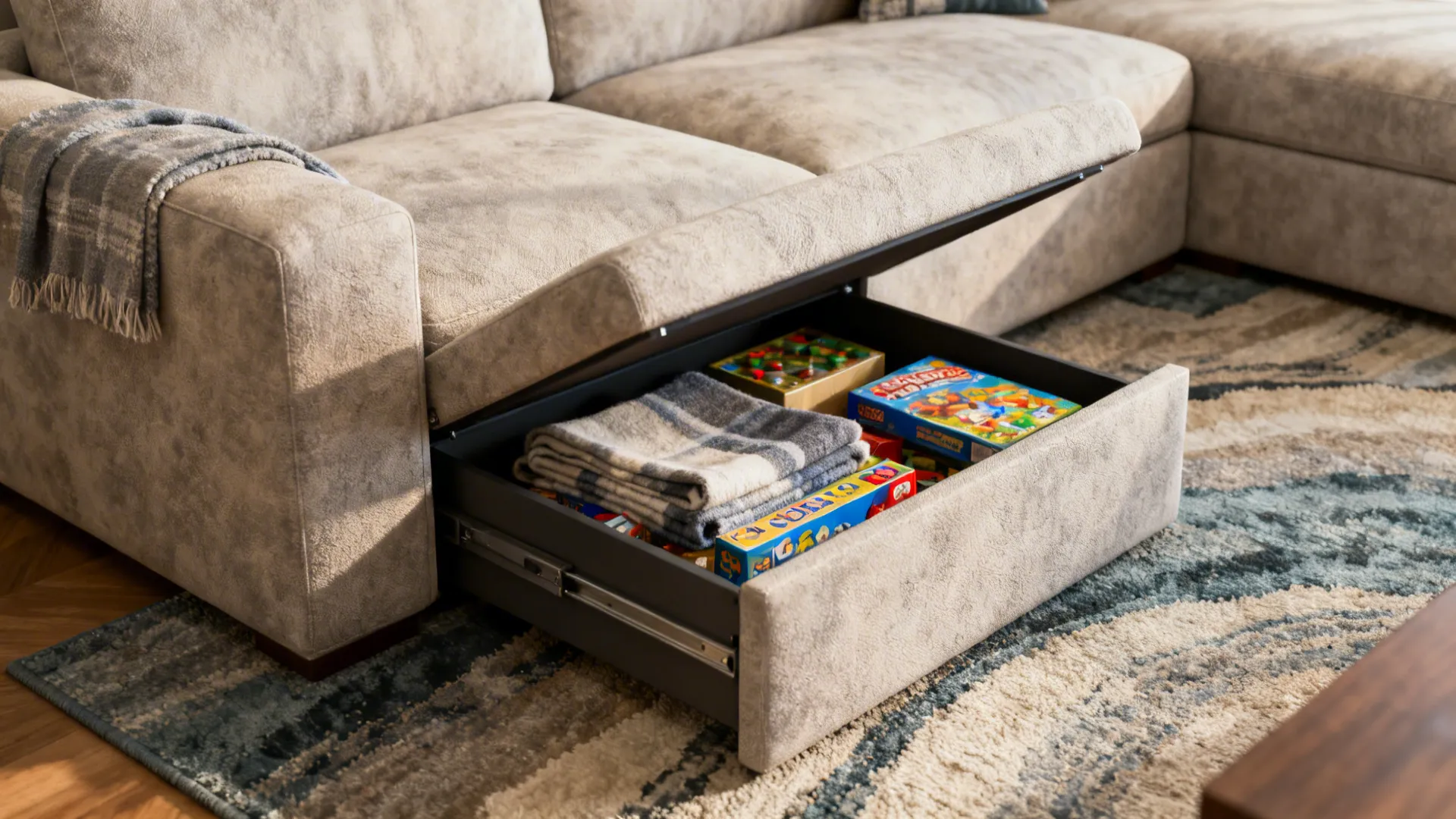 Sectional with a chaise revealing hidden storage for blankets and games.