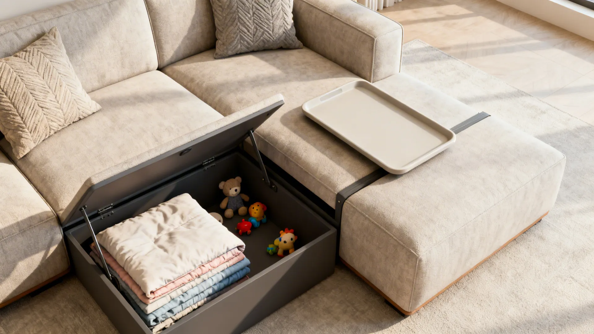 Top-down view of L-shaped sofa chaise with hidden storage open and removable tray surface