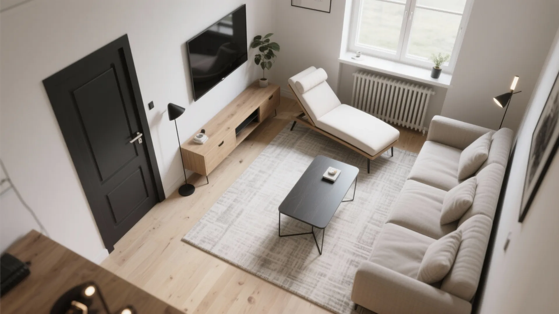Modern living room with a grey sofa white chair wooden cabinet television and a window
