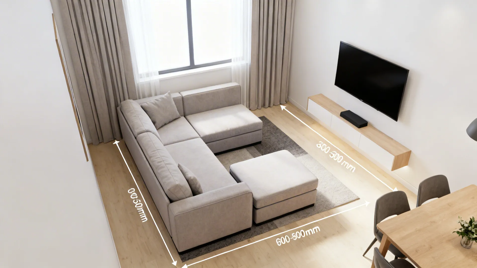 Top-down small living room plan showing reversible chaise sectional and clear circulation paths.