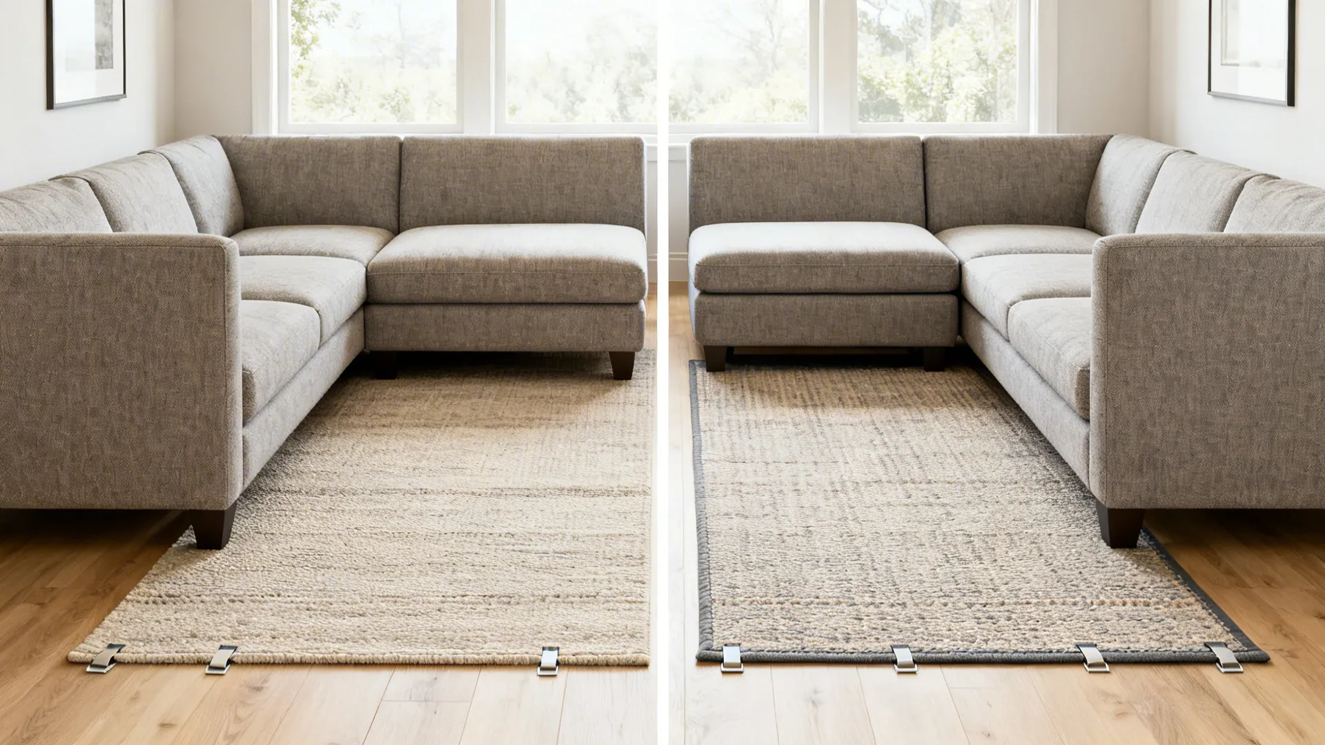 Comparison showing two different rug styles under a large grey sofa in a living room