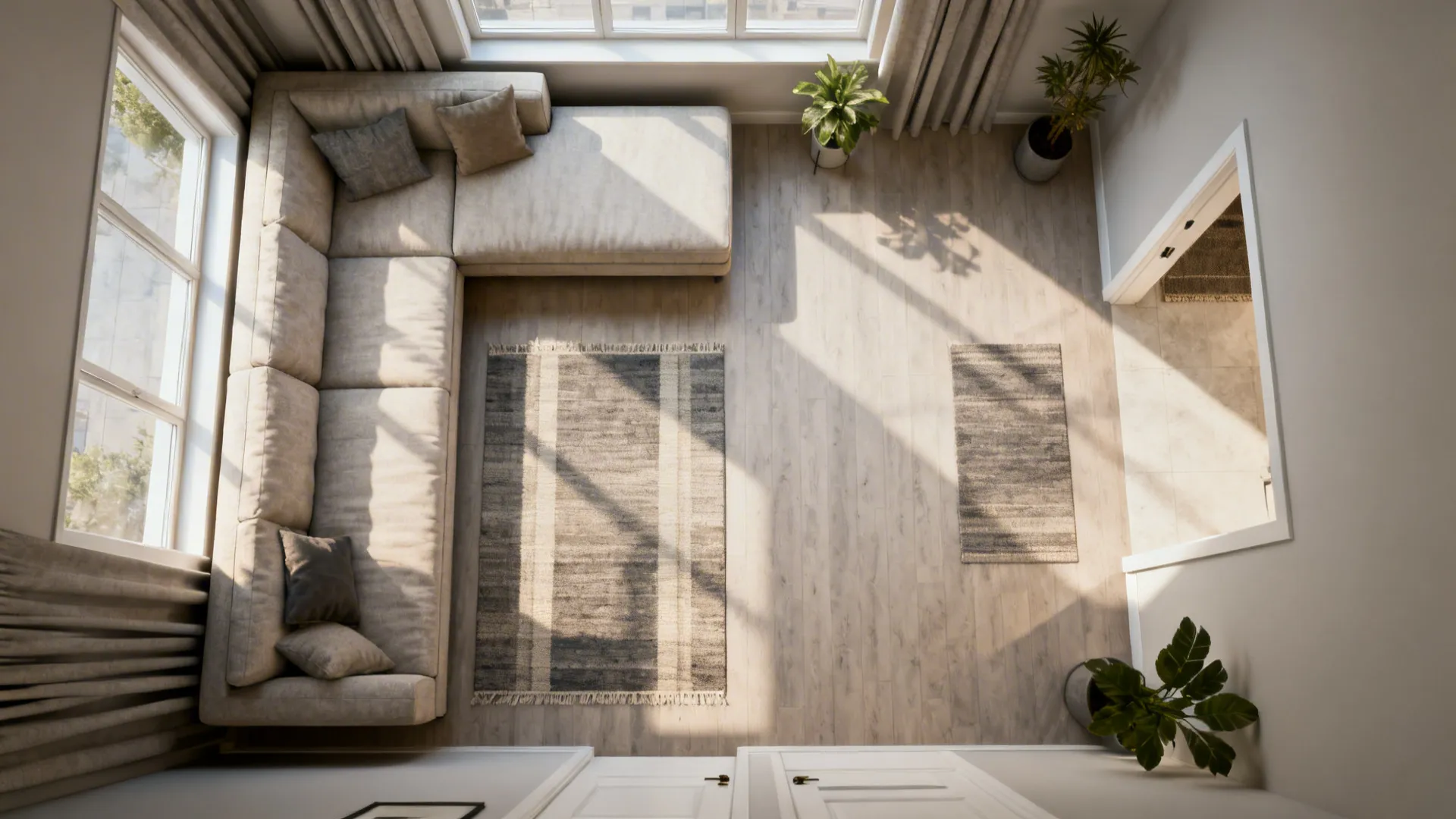 Top-down apartment plan showing an L-sofa with the chaise on the narrow side preserving a clear walkway.