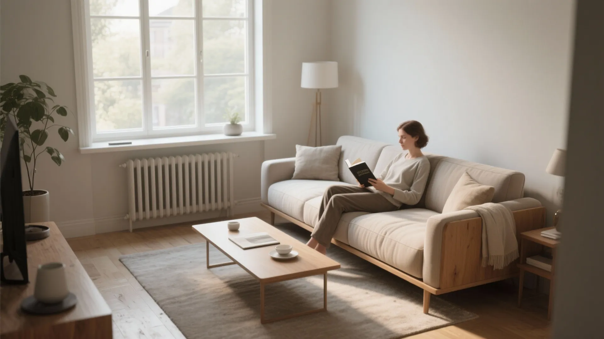 Woman sitting on a sofa reading a book in a bright room with wooden coffee table