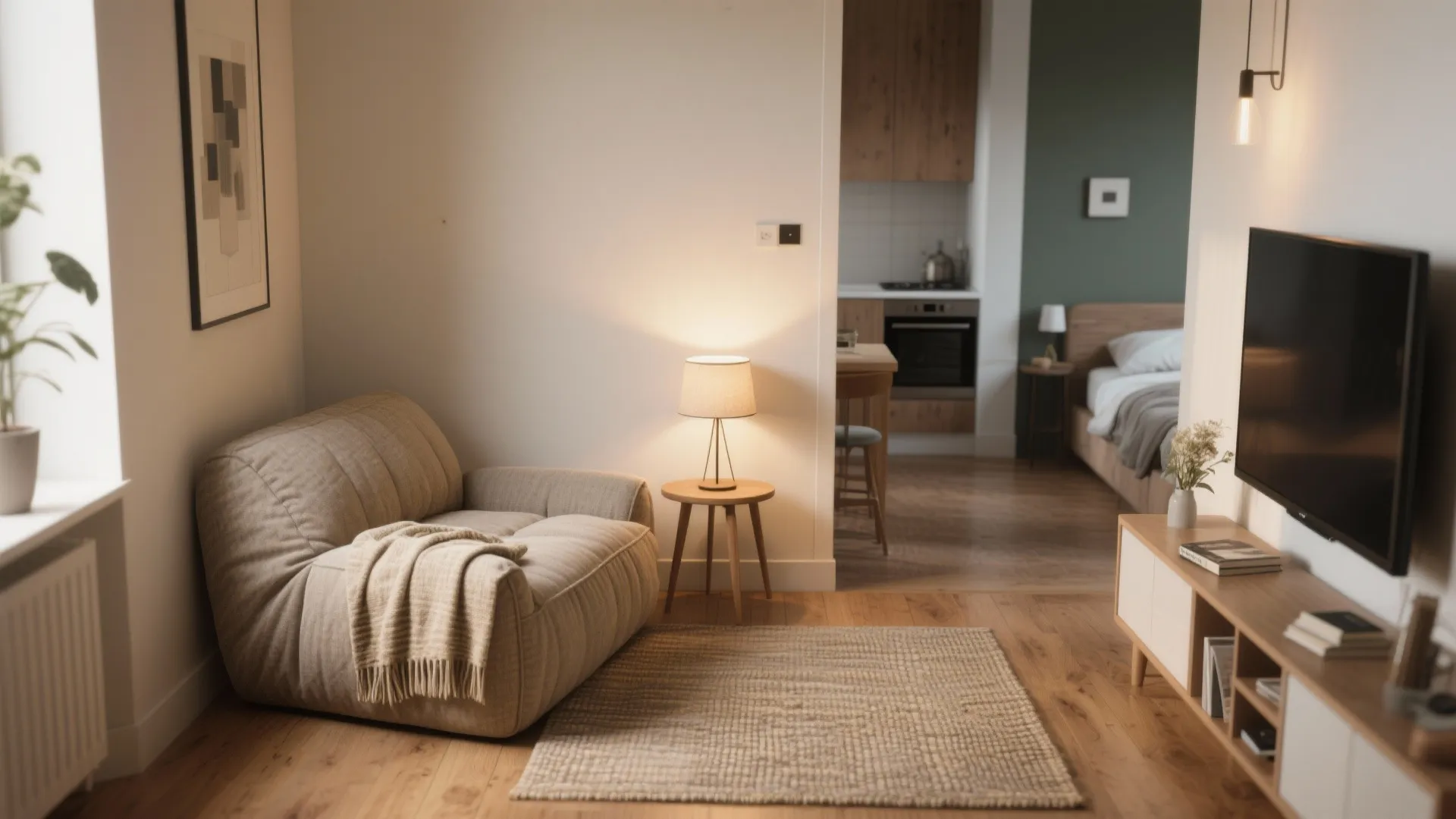 Small living room area with a beige chair wood side table floor rug and television cabinet