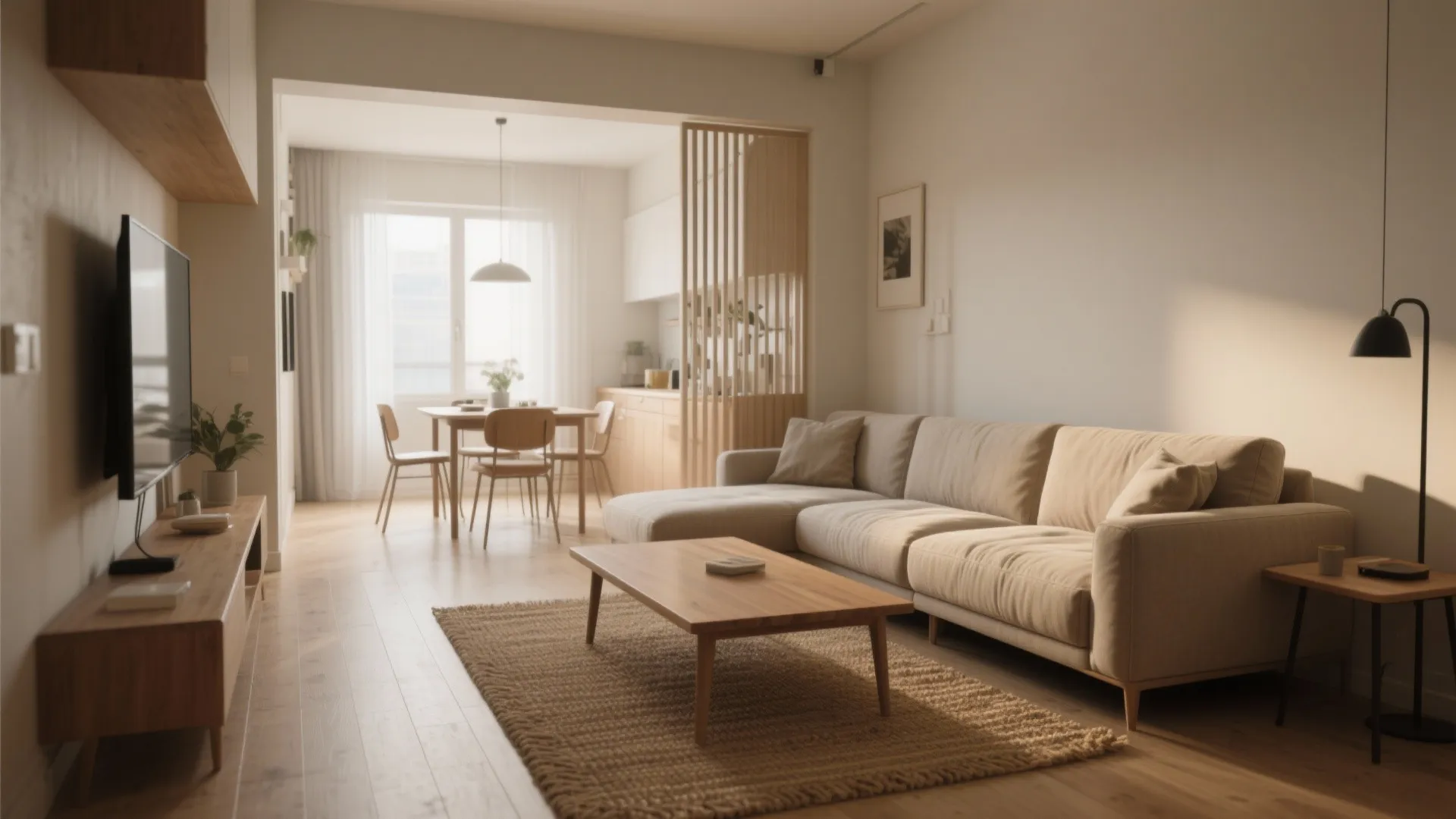 Modern open plan living room featuring beige sofa wooden coffee table and dining area with light