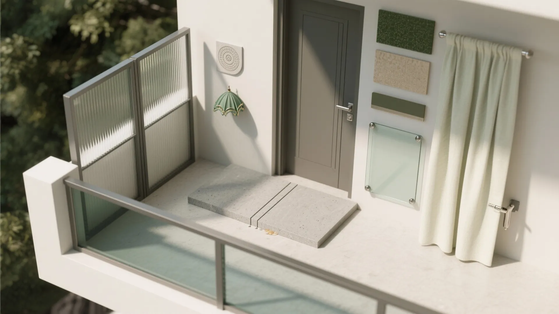 Small balcony design featuring a grey door with a stone floor slab and white curtain