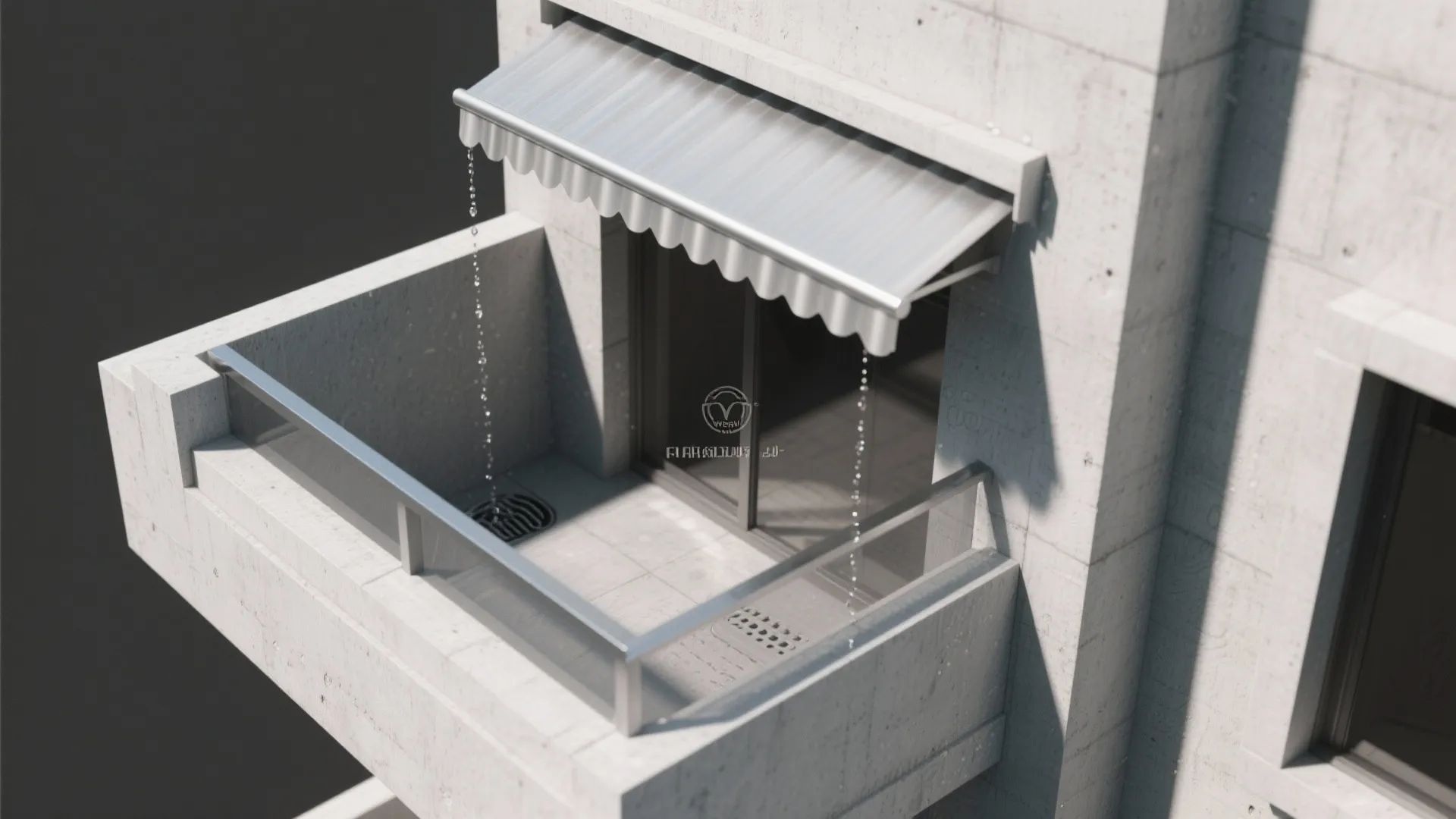 Interior design drawing showing a small concrete balcony with a grey curtain and floor drain