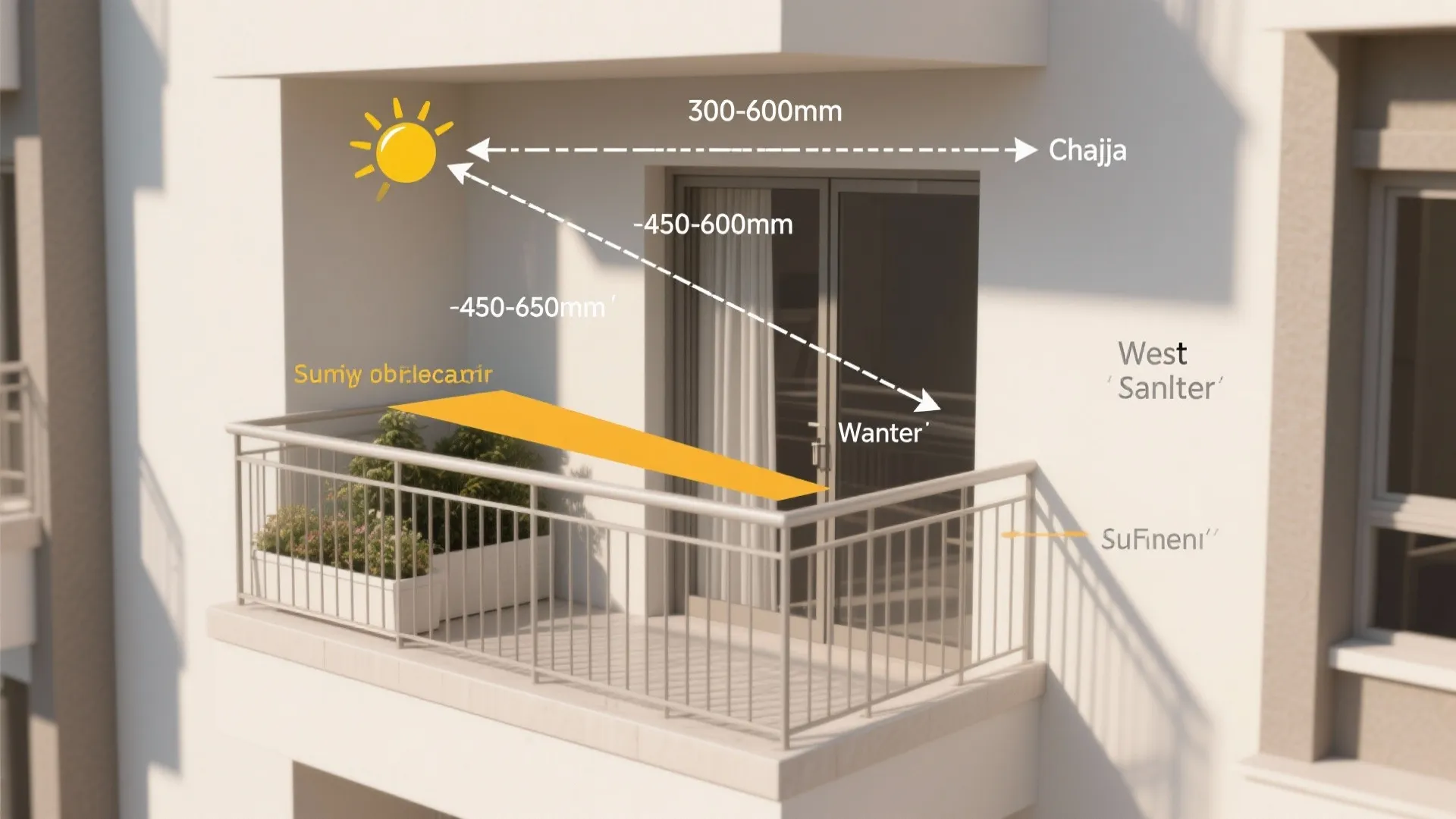 Infographic showing balcony sunshade projection measurements with sun angle lines and labels for outdoor design