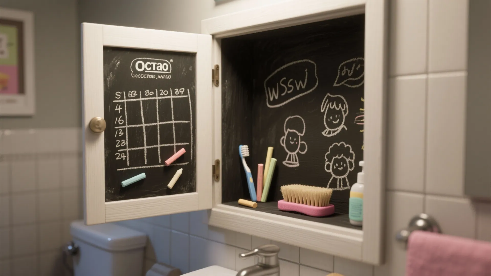 Small white cabinet with chalkboard interior showing drawings and daily schedule above a bathroom sink
