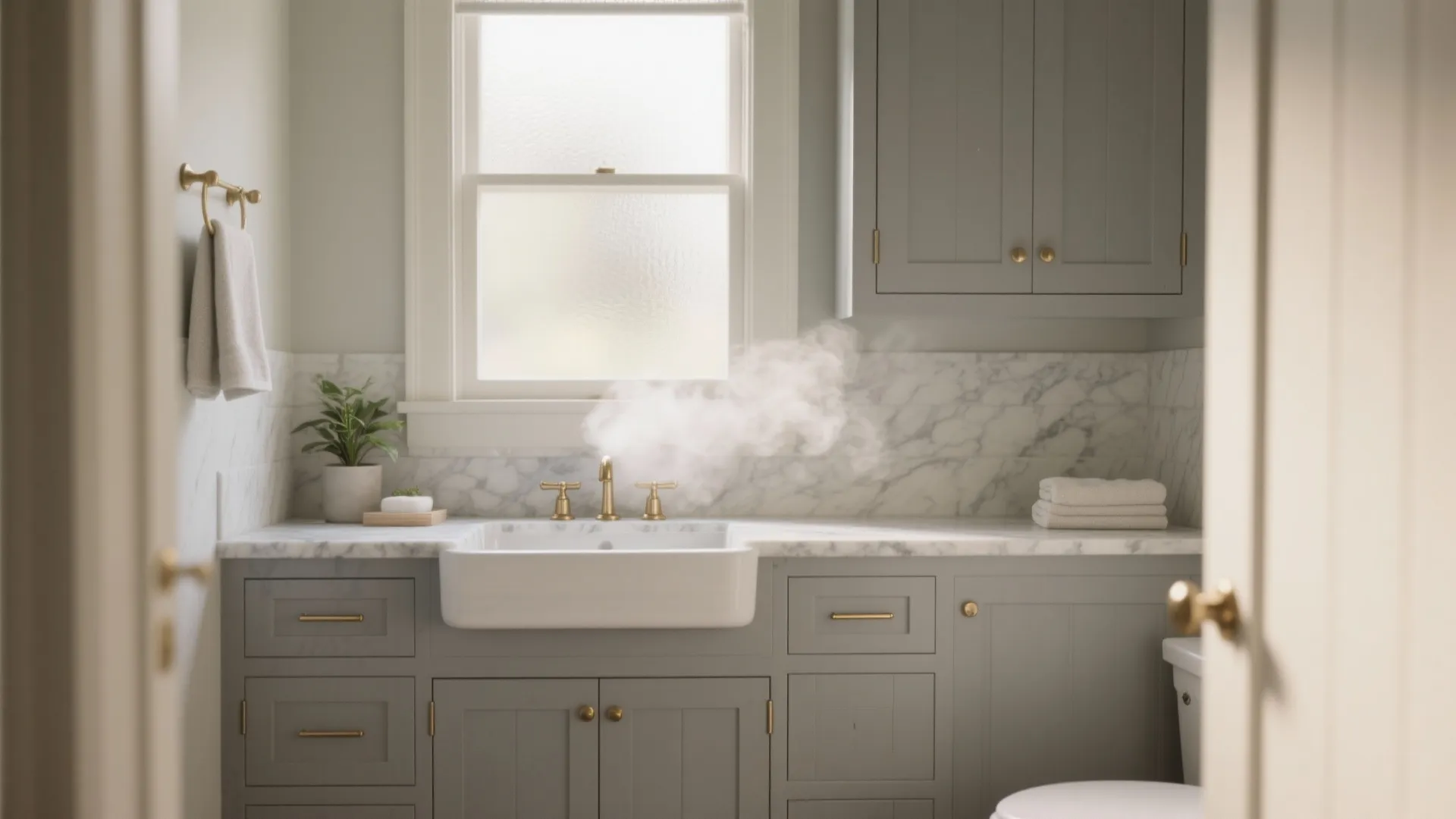 Modern bathroom with grey cabinets white marble countertop gold handles and steam from the sink