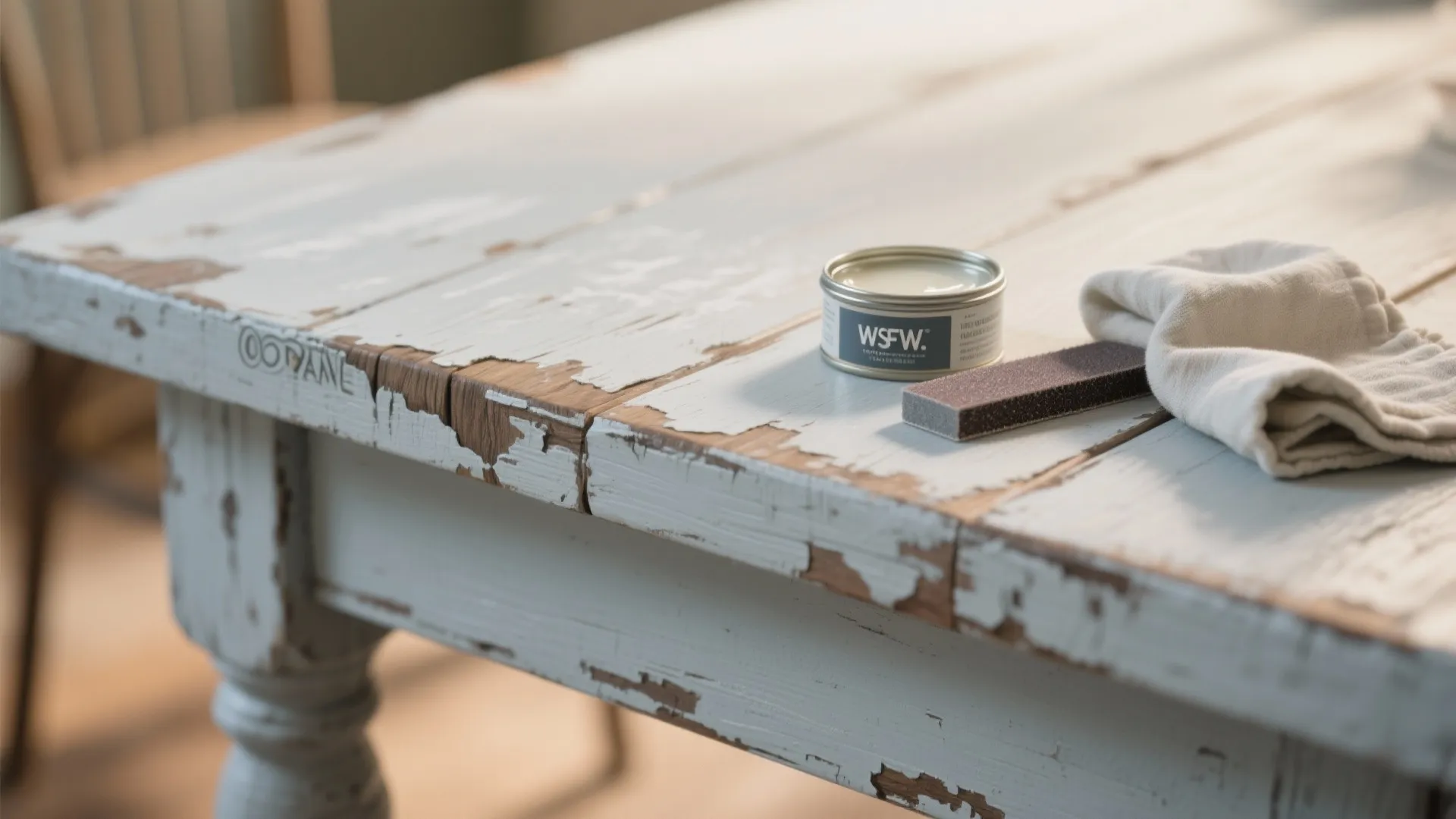 Distressed white wooden table with a small paint can a sanding block and white cloth