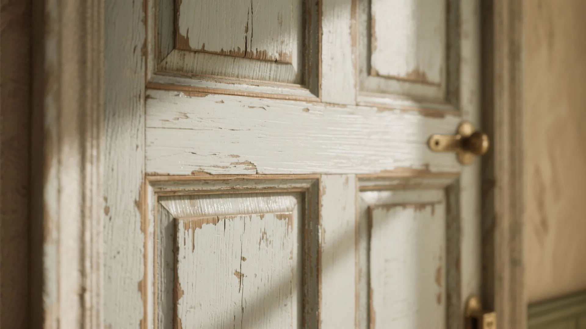 Close up of an old white wooden door with peeling paint and a gold door handle