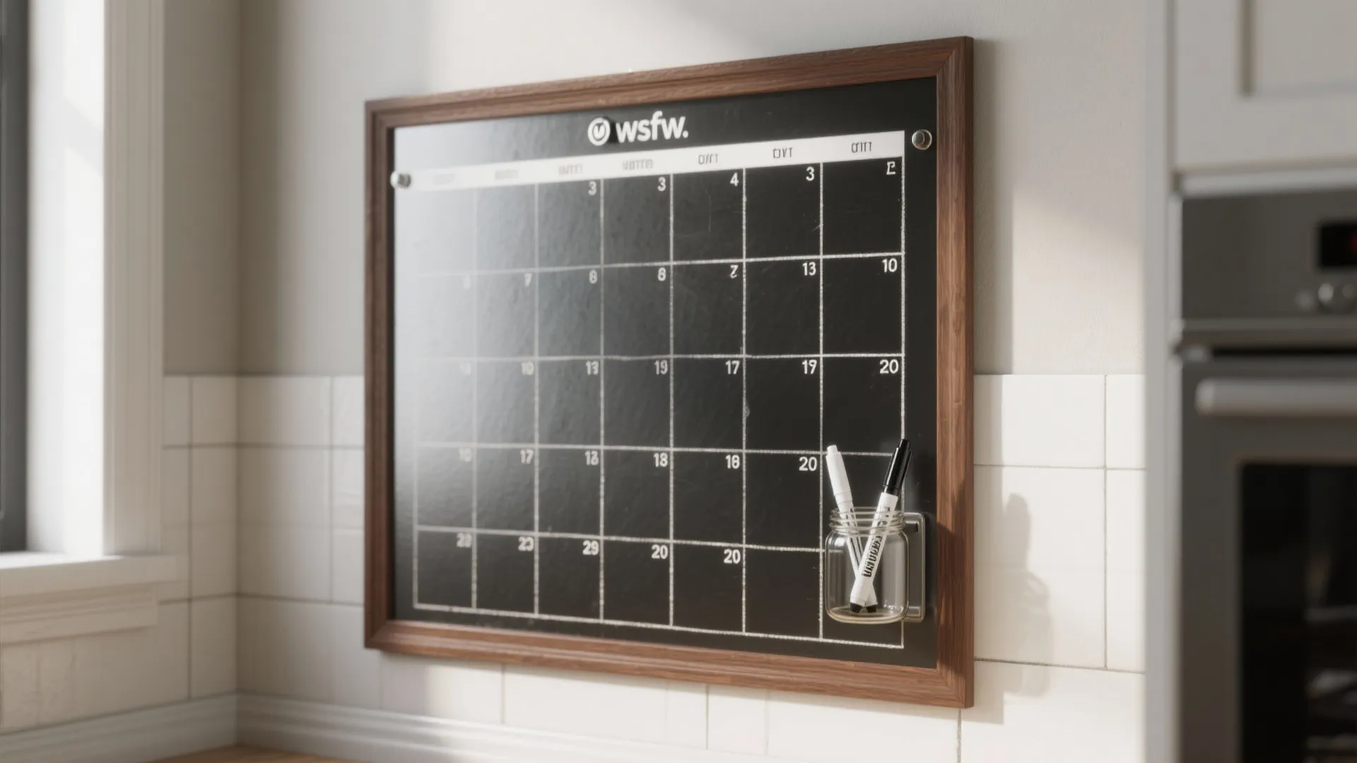 Framed chalkboard-painted steel calendar panel with a crisp taped grid and liquid chalk markers.