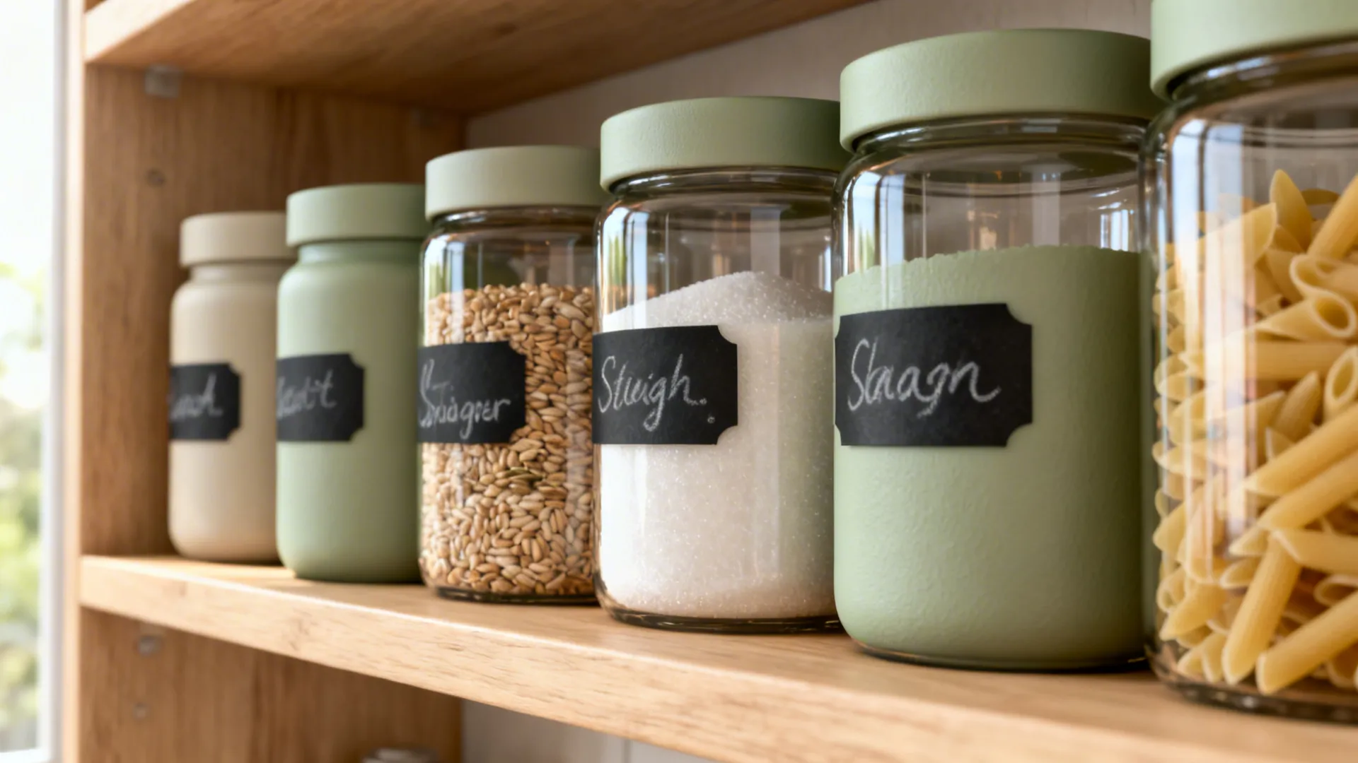 Macro of matte-painted pantry jar lids with chalk labels on a light oak shelf.