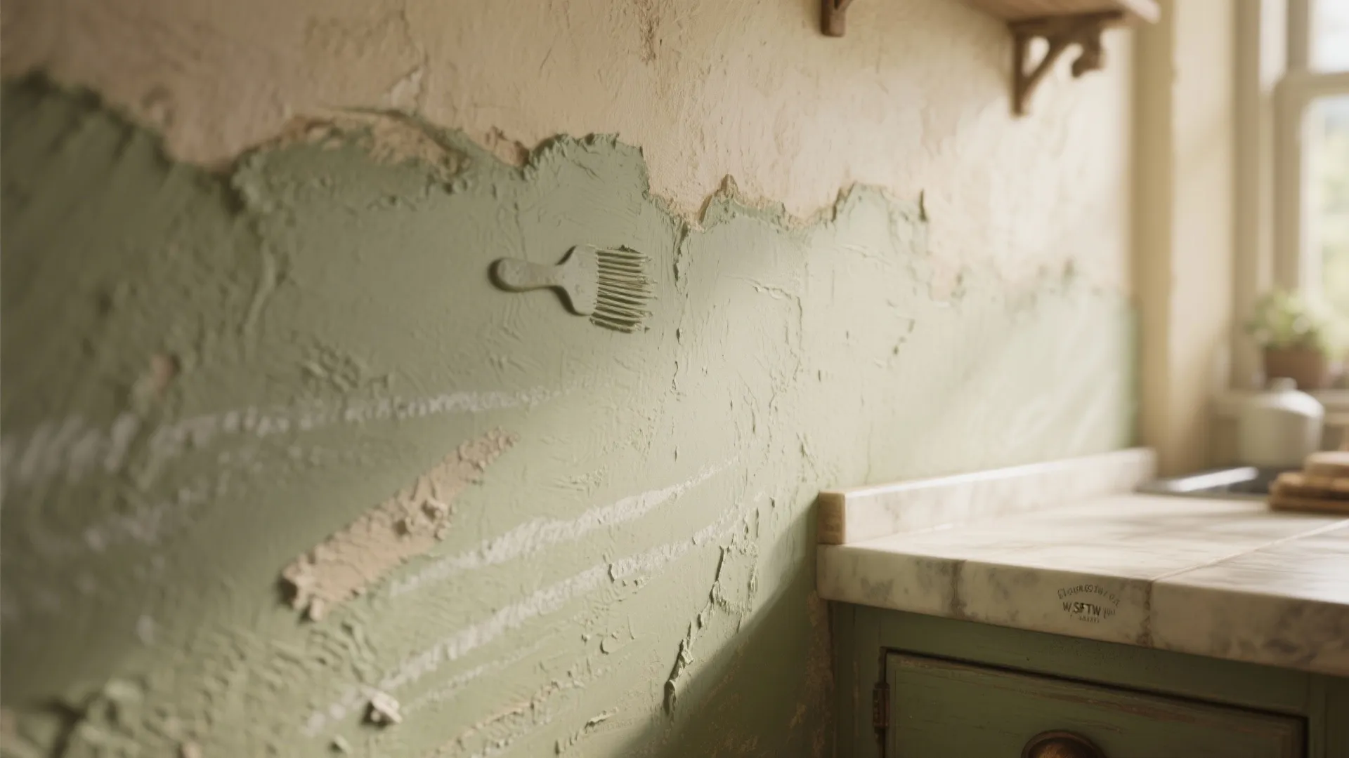 Kitchen wall with textured green paint being applied above white marble countertop and wooden cabinet