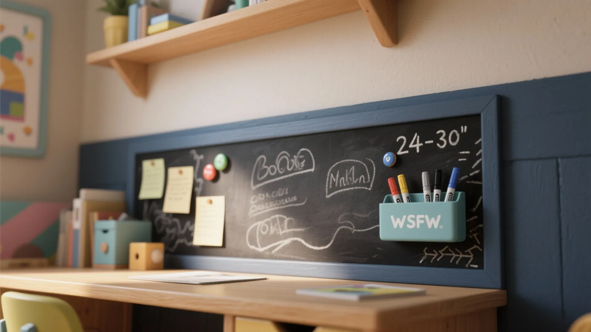 Blackboard on a blue wall panel above a wooden desk with markers notes and shelf