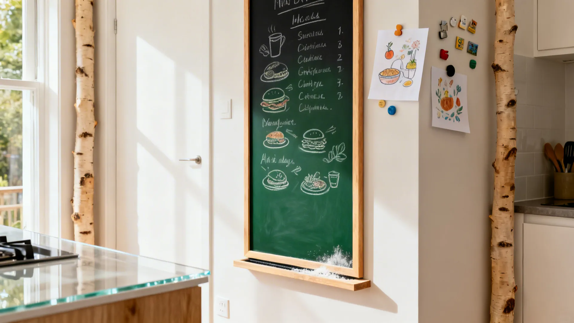 Chalkboard and magnetic backsplash wall framed in wood with kids’ drawings and art clipped by magnets.