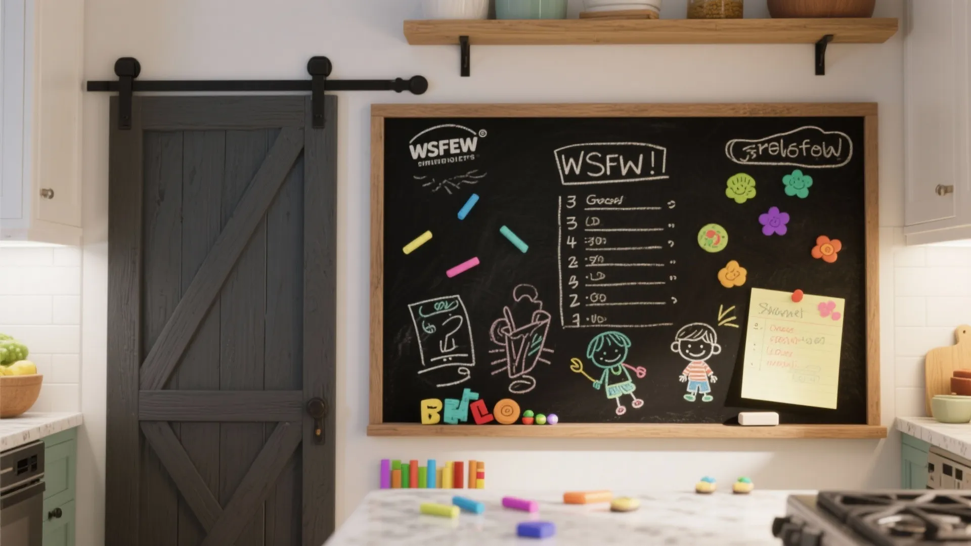 5. Chalkboard or Magnetic Barn Door for Kitchens