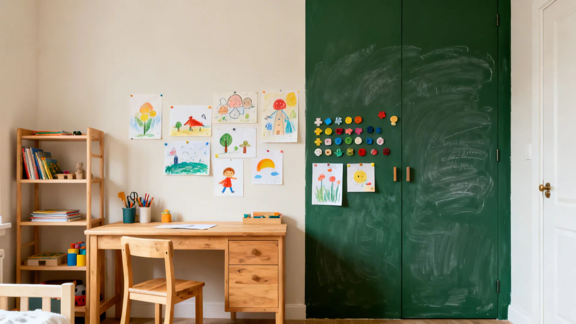 Kids’ room with a deep green chalkboard or magnetic accent area displaying art and magnets.