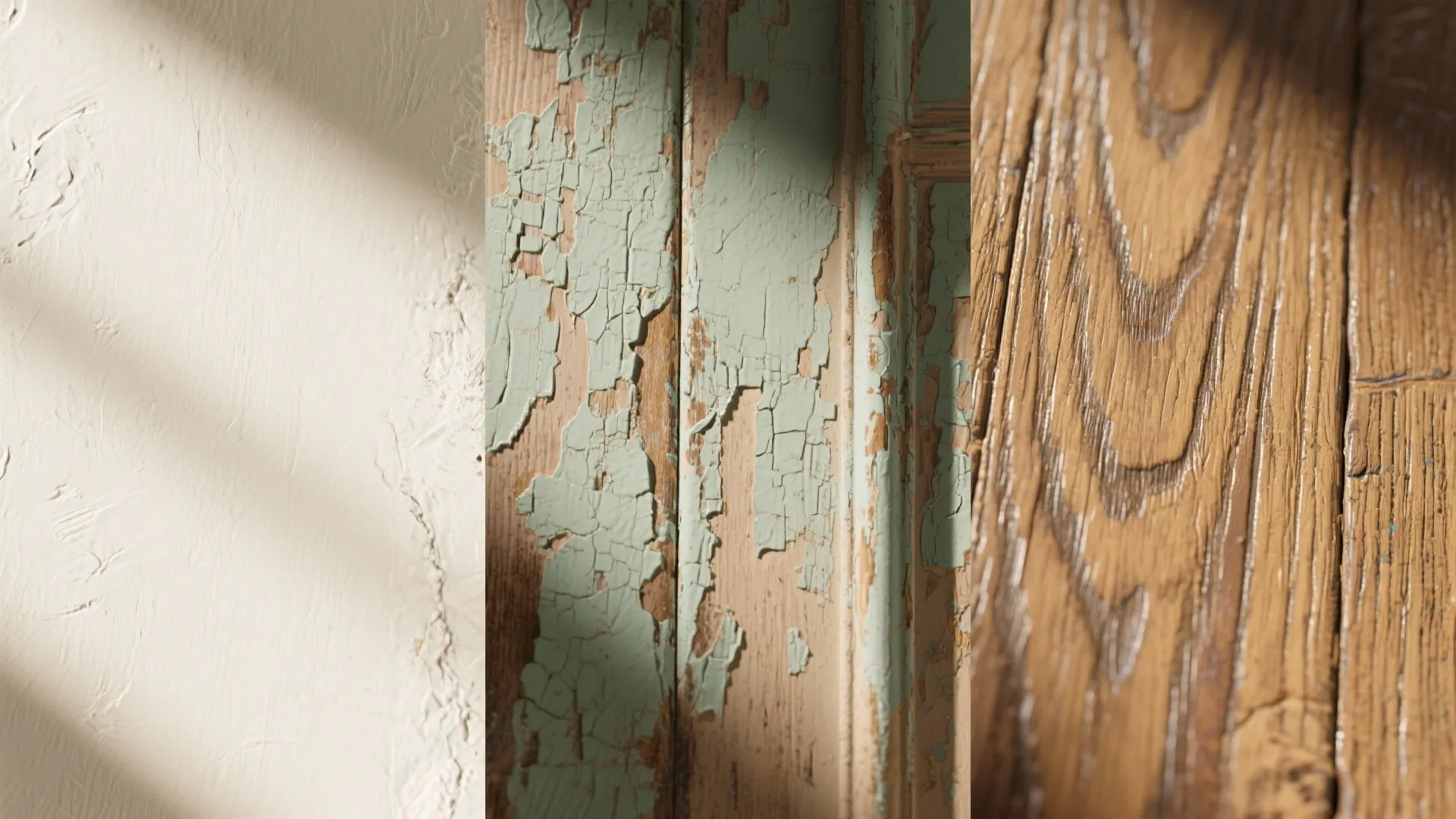 Three vertical panels showing different wall textures including smooth white plaster and peeling old green paint