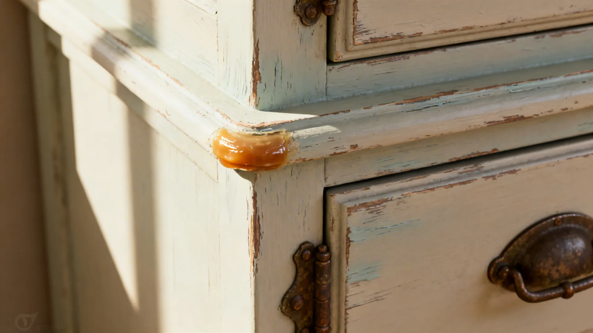 Close-up of chalk or milk paint texture on a cabinet showing distressed, hand-crafted finish.