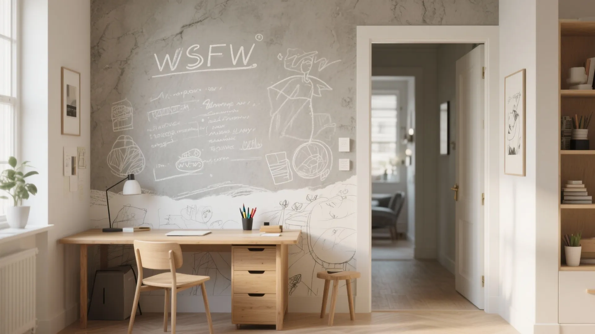 Writable mineral chalk finish wall in a compact office with light sketches and mural base, showing breathable textured surface.