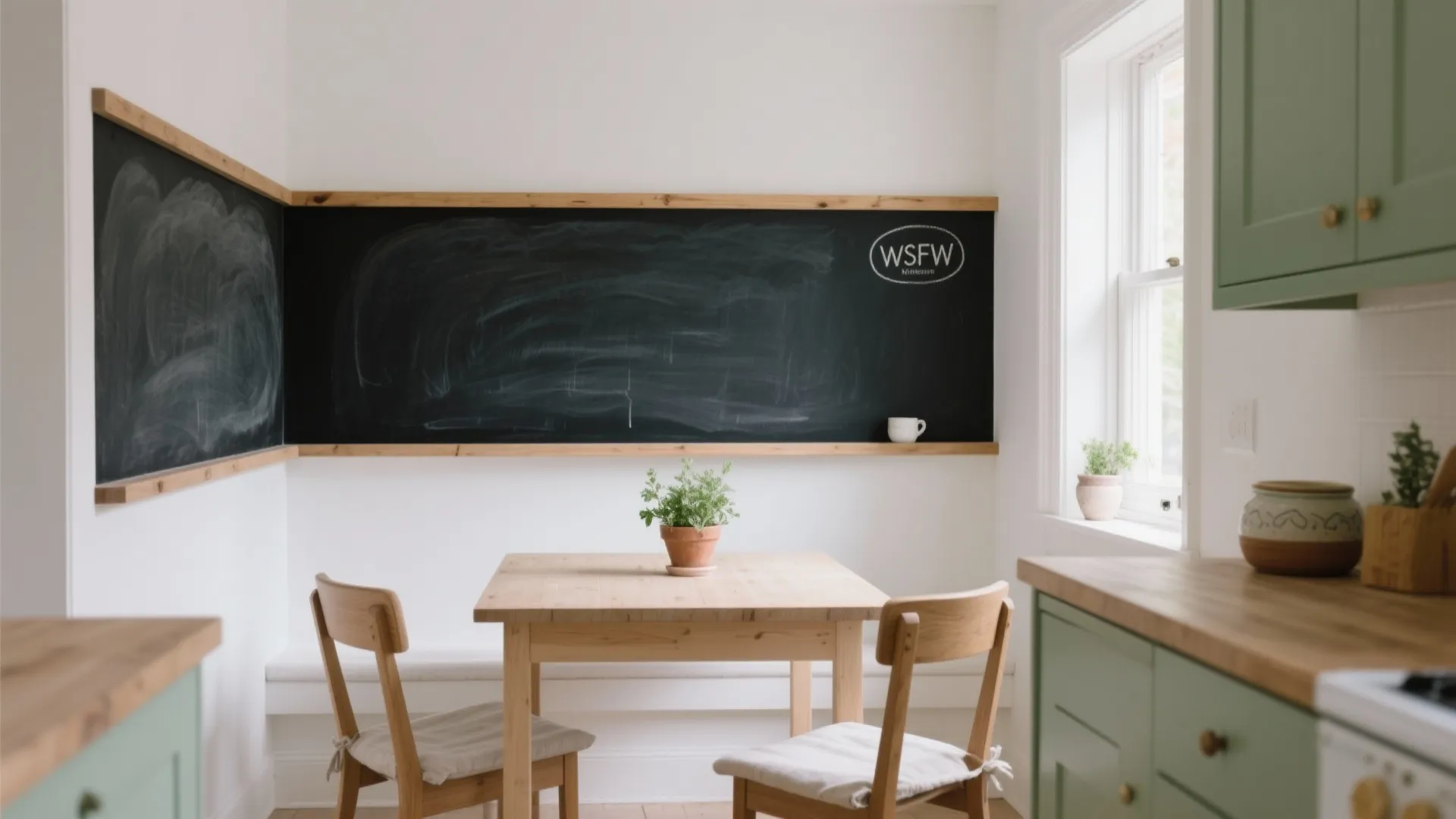 Small dining nook with wooden table and chairs featuring a large black chalkboard wall panel