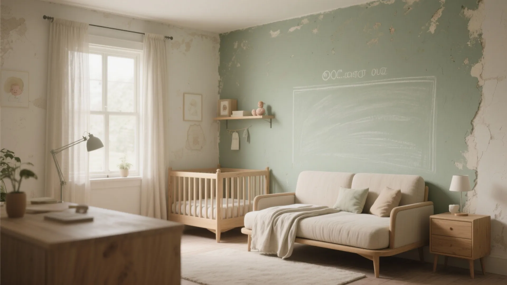 Cozy nursery room with green wall wooden crib cream sofa white curtain and natural sunlight