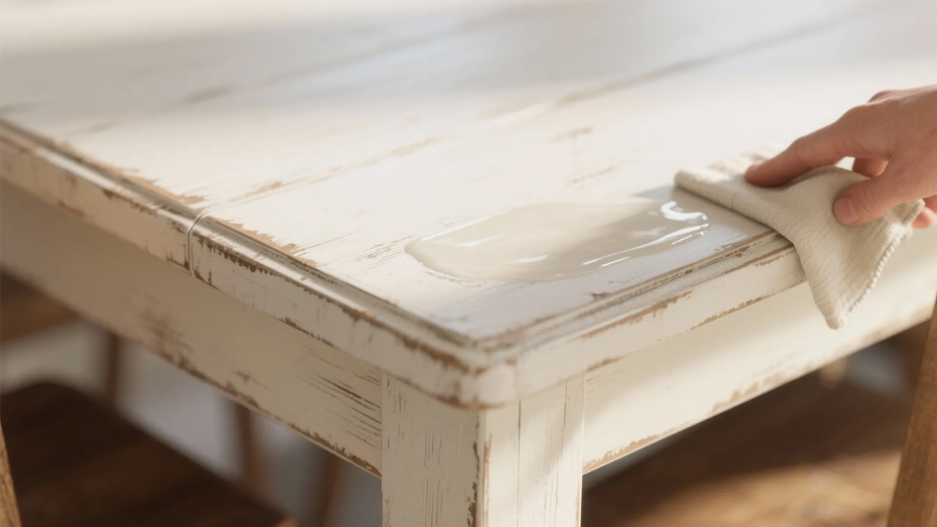 Macro view of a chalk-painted table edge with wax being applied, showing matte texture and slight scuffs.