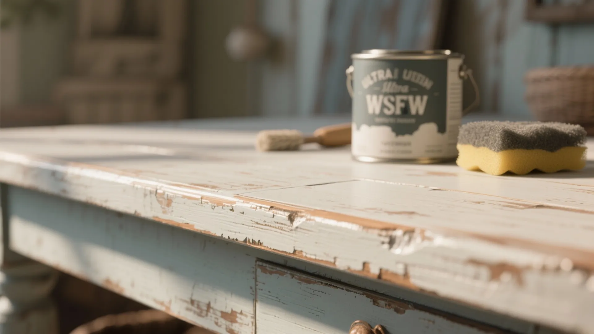 Close up of a distressed white wooden table with paint can brush and yellow sponge