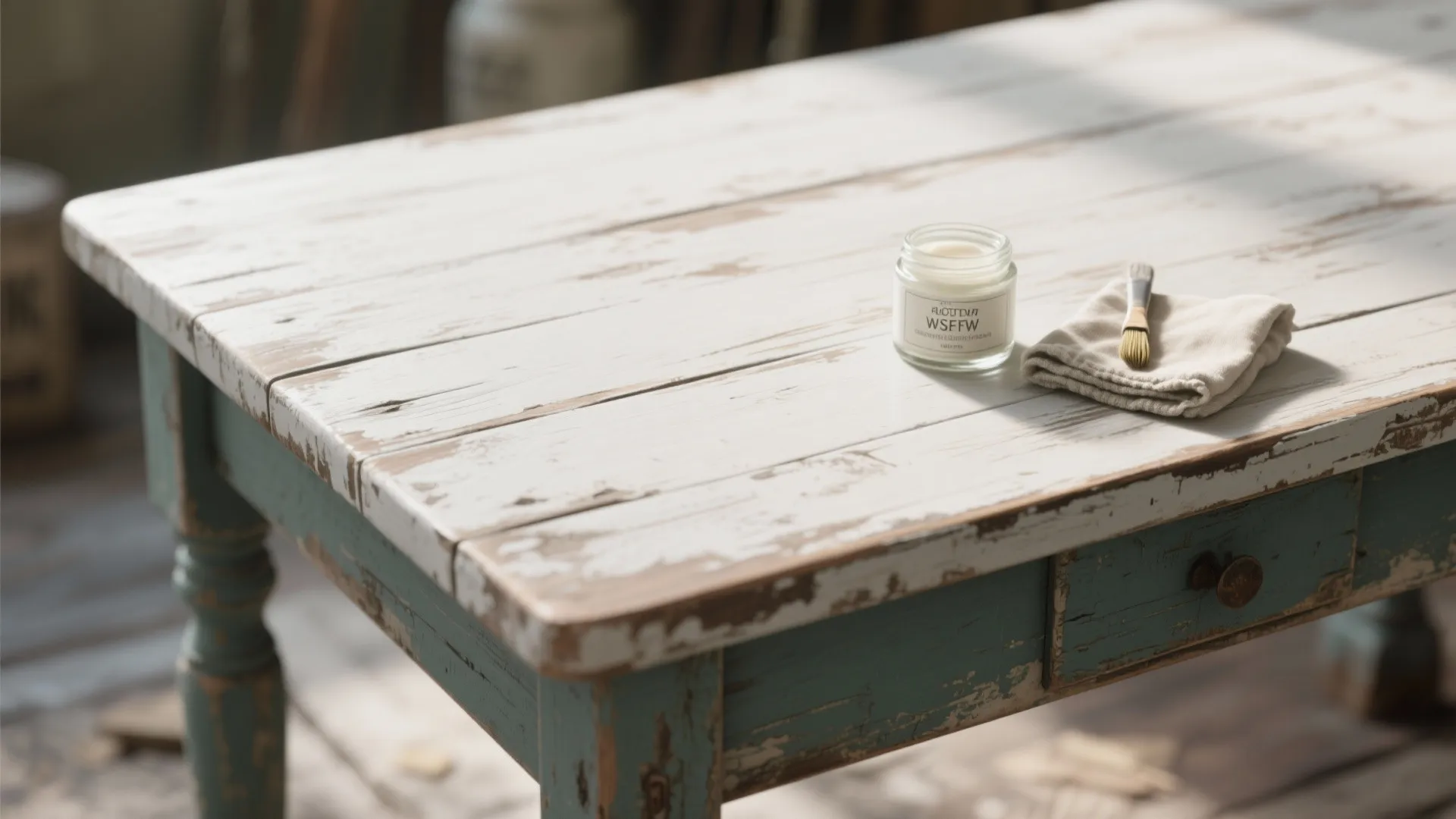 Close up view of white distressed wooden table with wax jar and small paint brush