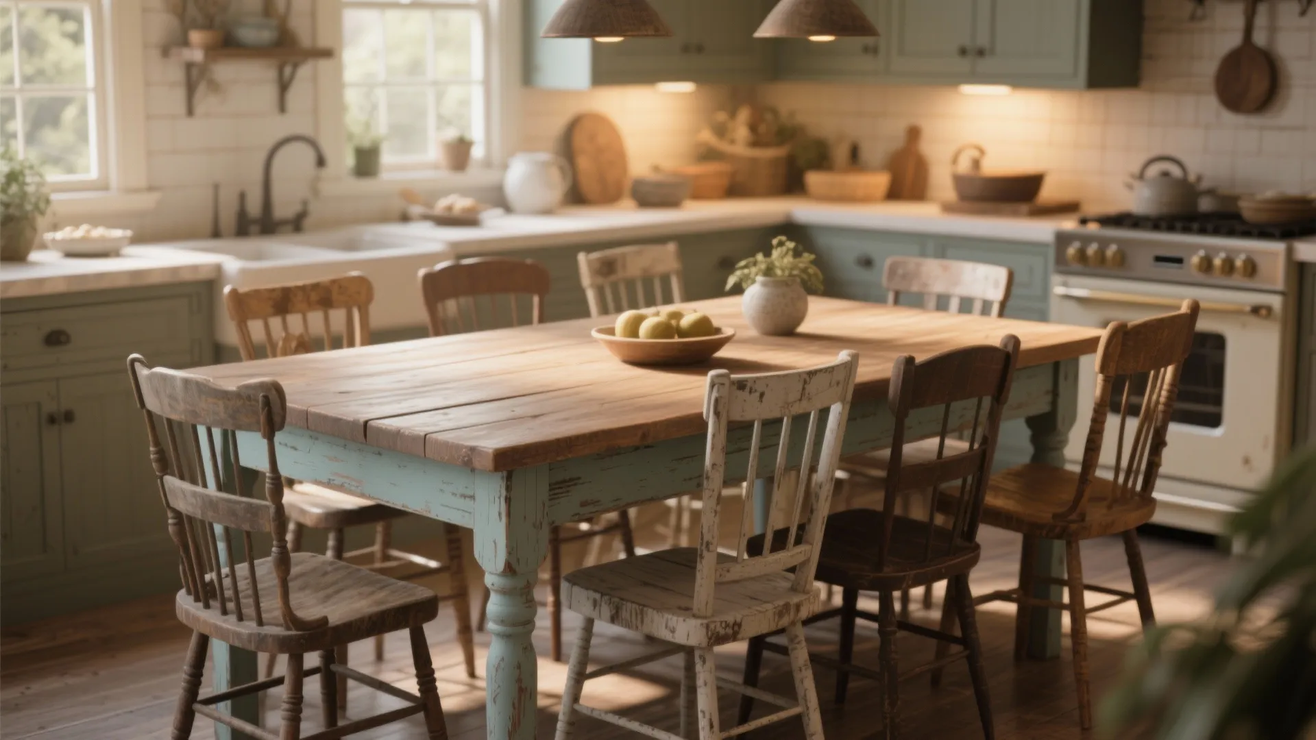 Rustic kitchen with distressed wood dining table and chairs set against green wall kitchen cabinets