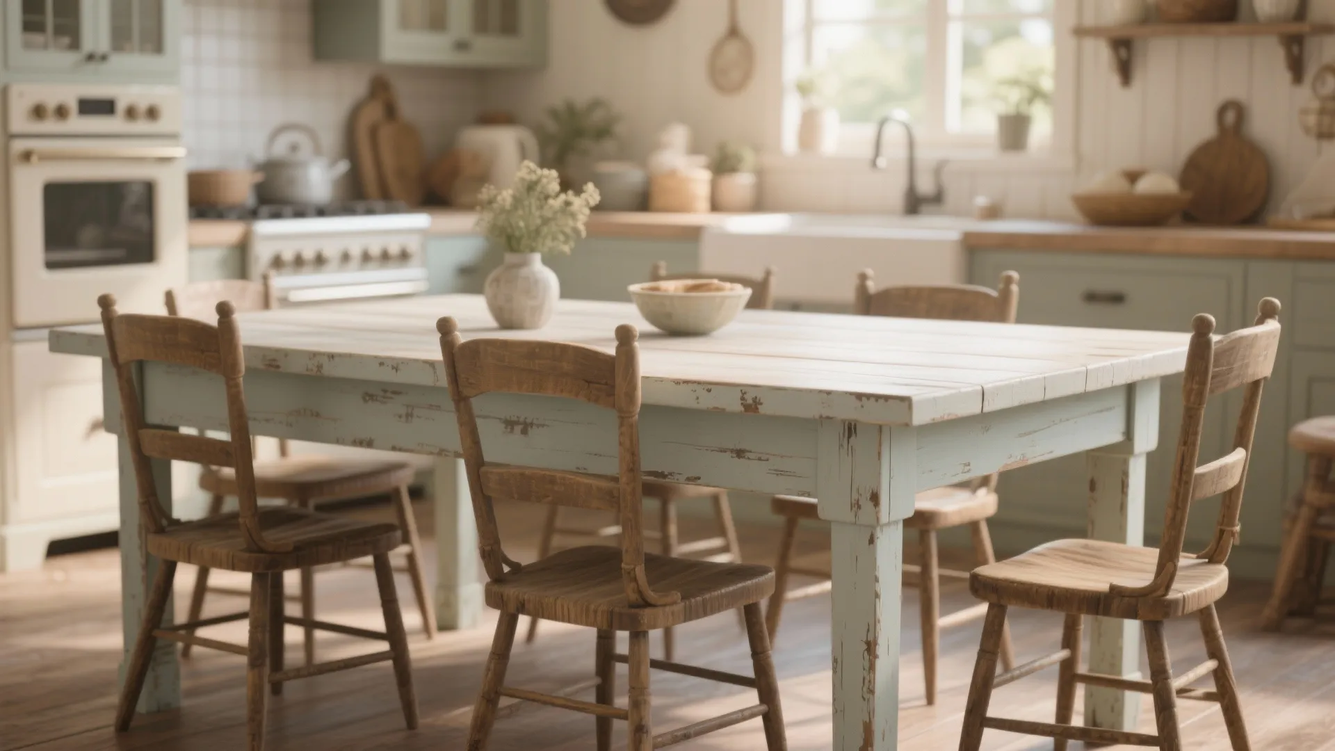 Light blue rustic dining table with worn paint effect surrounded by wooden chairs in kitchen