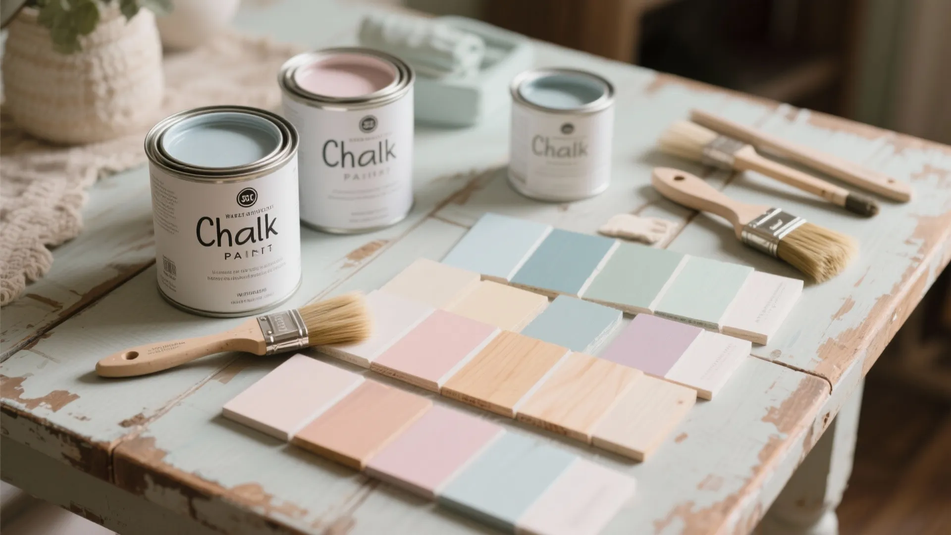 Three cans of chalk paint with wooden brushes and pastel color swatches on blue table