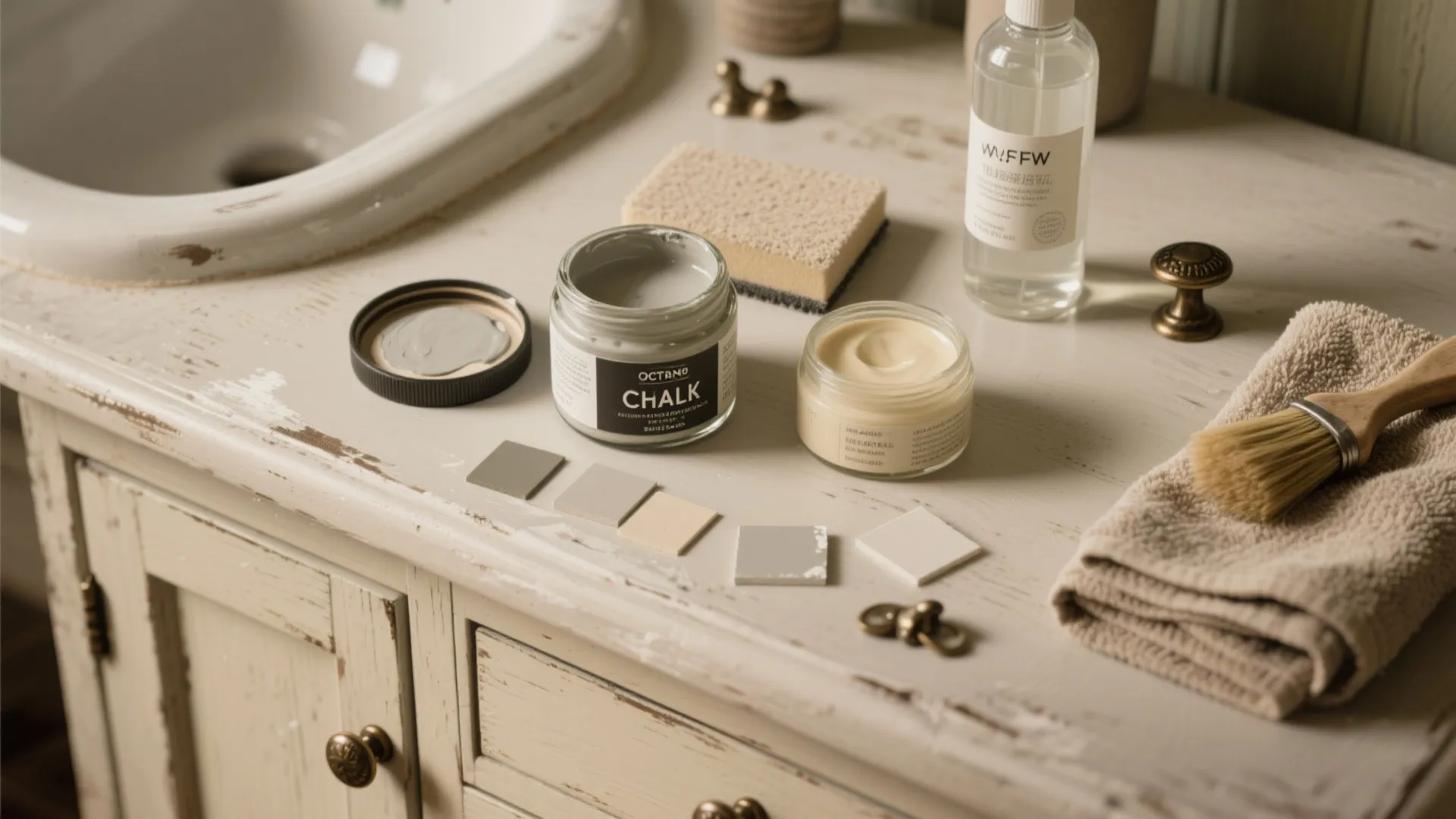 Flatlay of chalk paint, wax, polyurethane and hardware for sealing vintage cabinet finishes